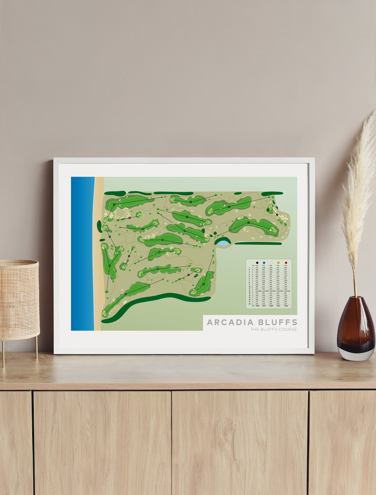 Framed minimalist fine art map of Arcadia Bluffs Golf Course, Michigan, Midwest, Manistee County, USA