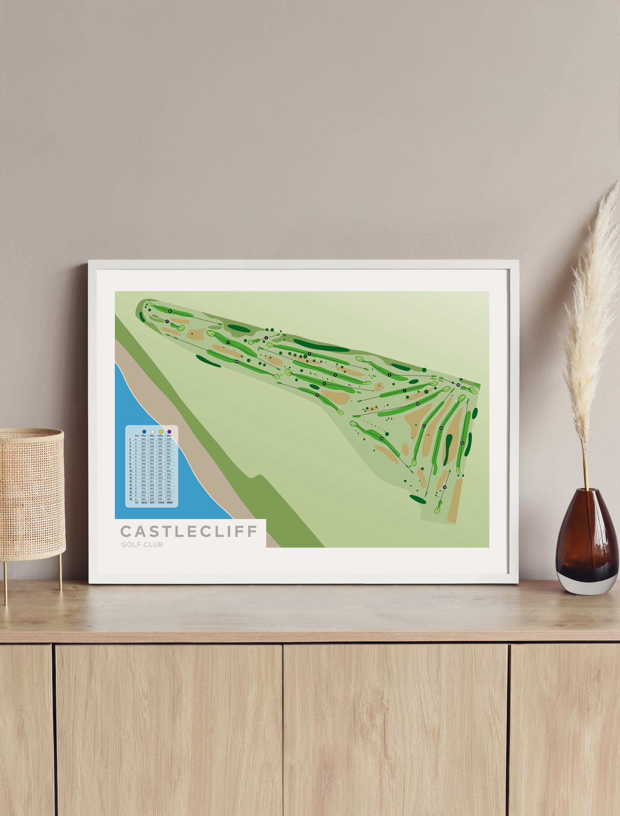 Framed minimalist fine art map of Castlecliff Golf Course, Whanganui, North Island, New Zealand