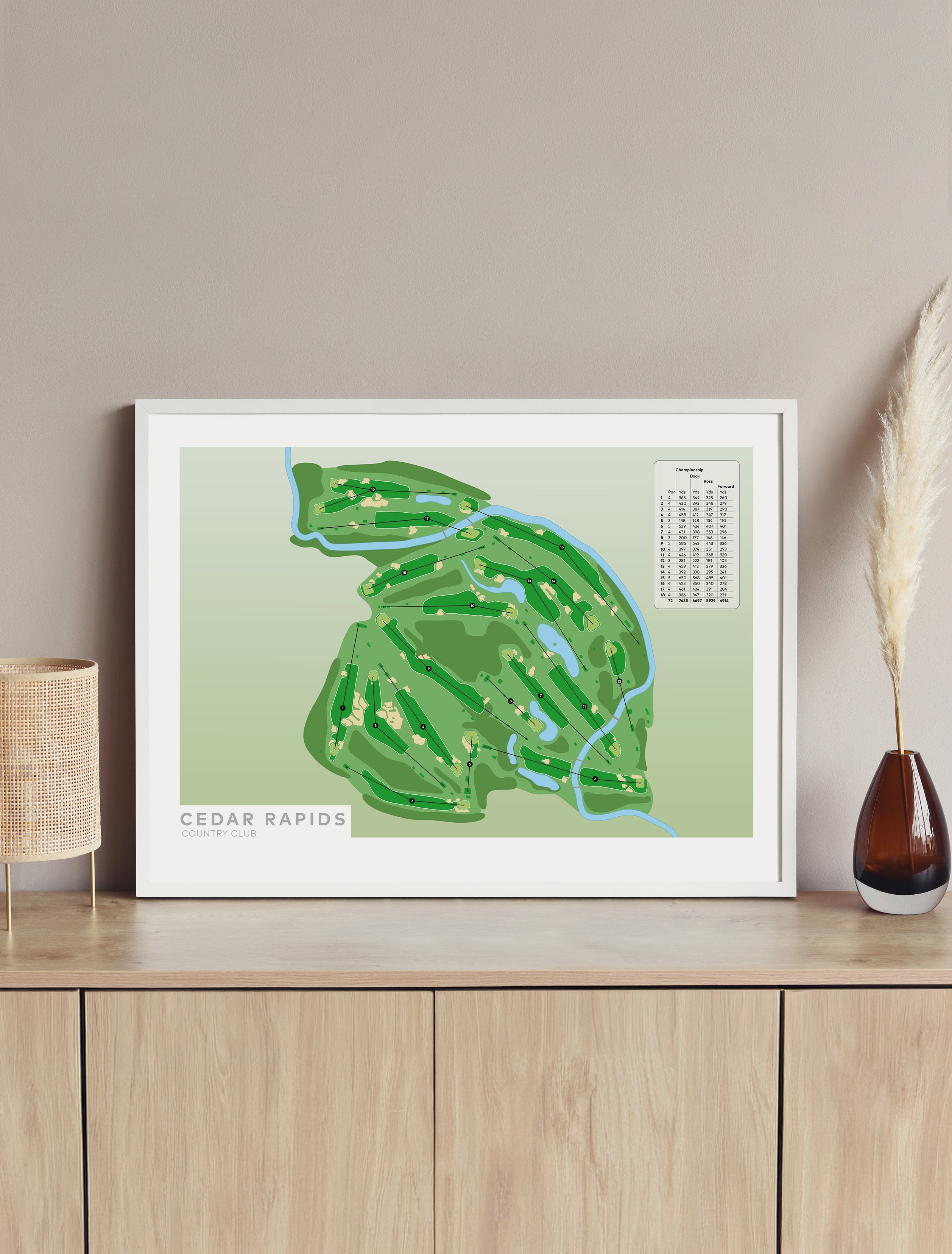 Framed minimalist fine art map of Cedar Rapids Golf Course, Linn County, Iowa, Midwest, USA