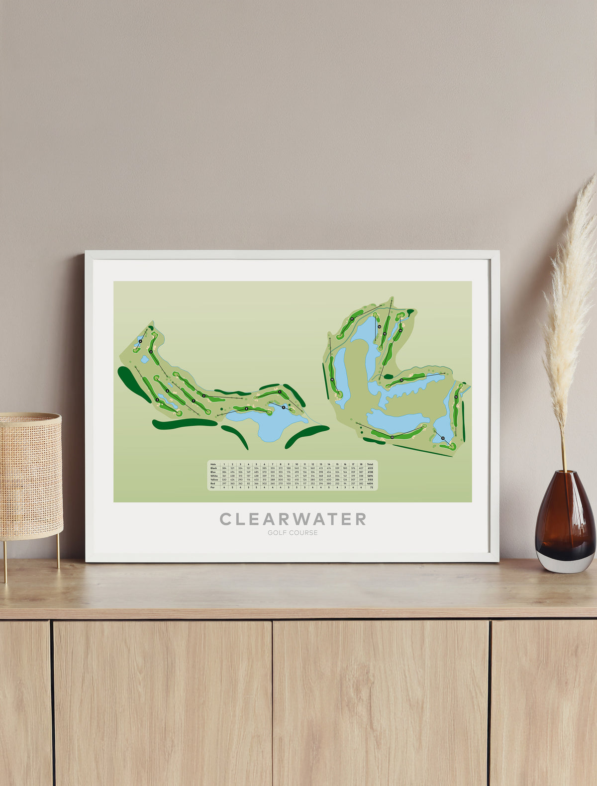 framed minimalist fine art map of Clearwater Golf Course, Christchurch, Canterbury, New Zealand