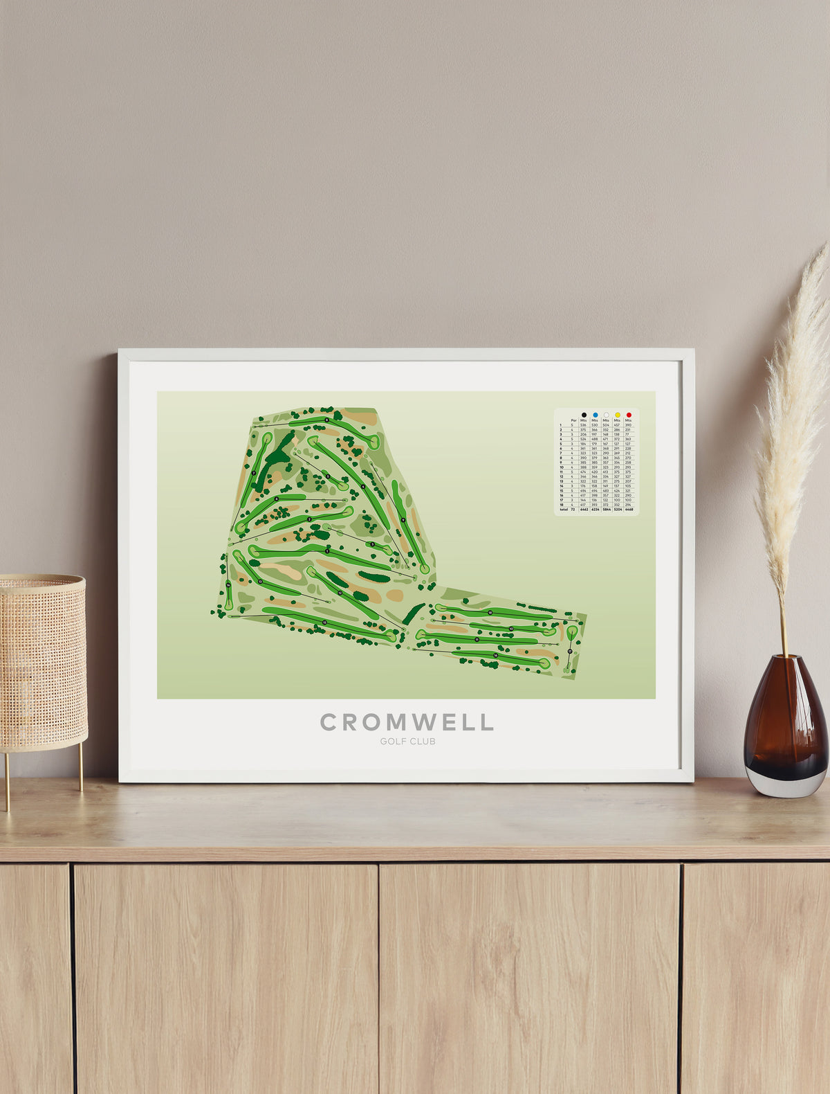 Framed minimalist fine art map of Cromwell Golf Course, Central Otago District, Otago, South Island, New Zealand