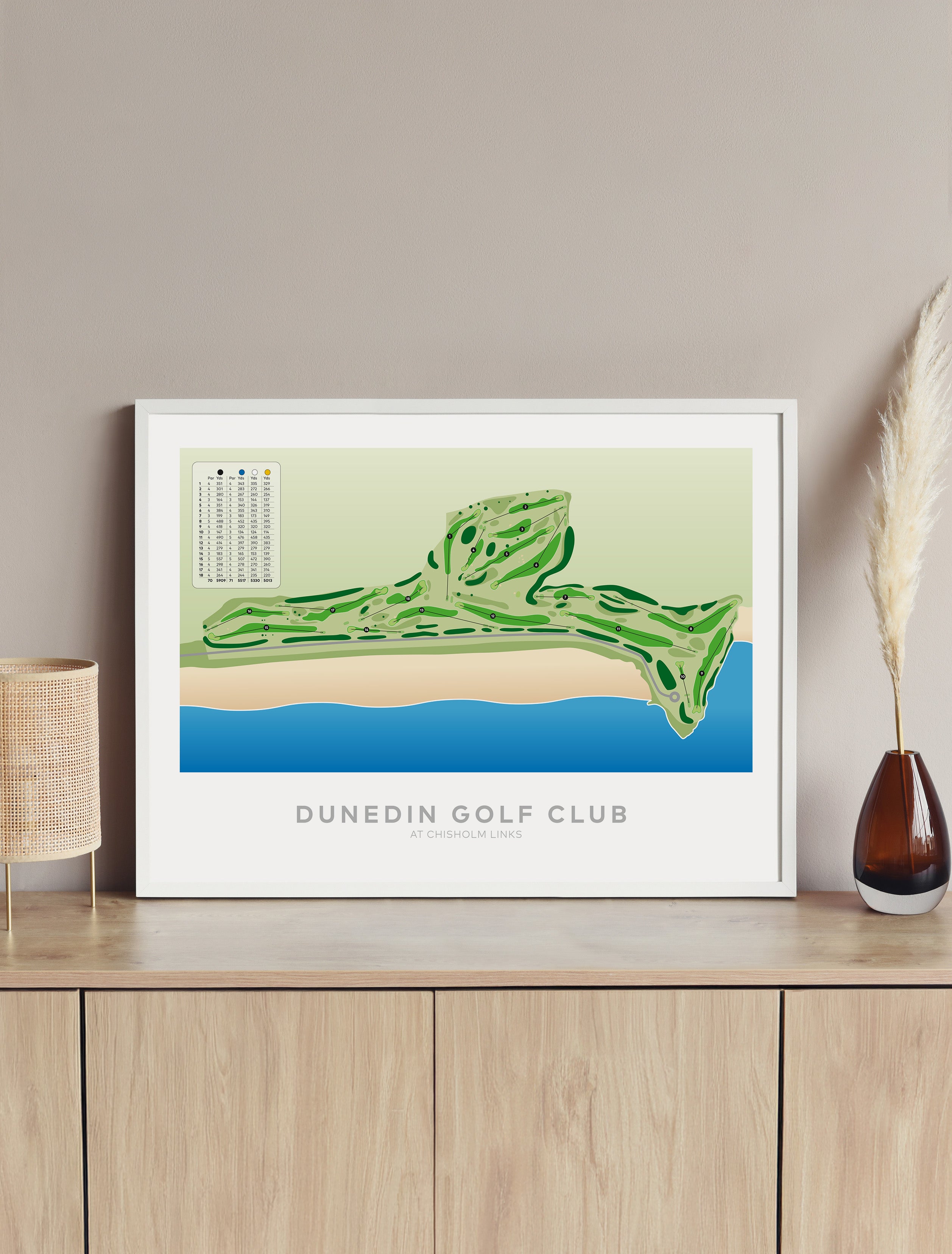 Framed Minimalist fine art map of Dunedin - Chisholm Links Golf Course, Otago, New Zealand