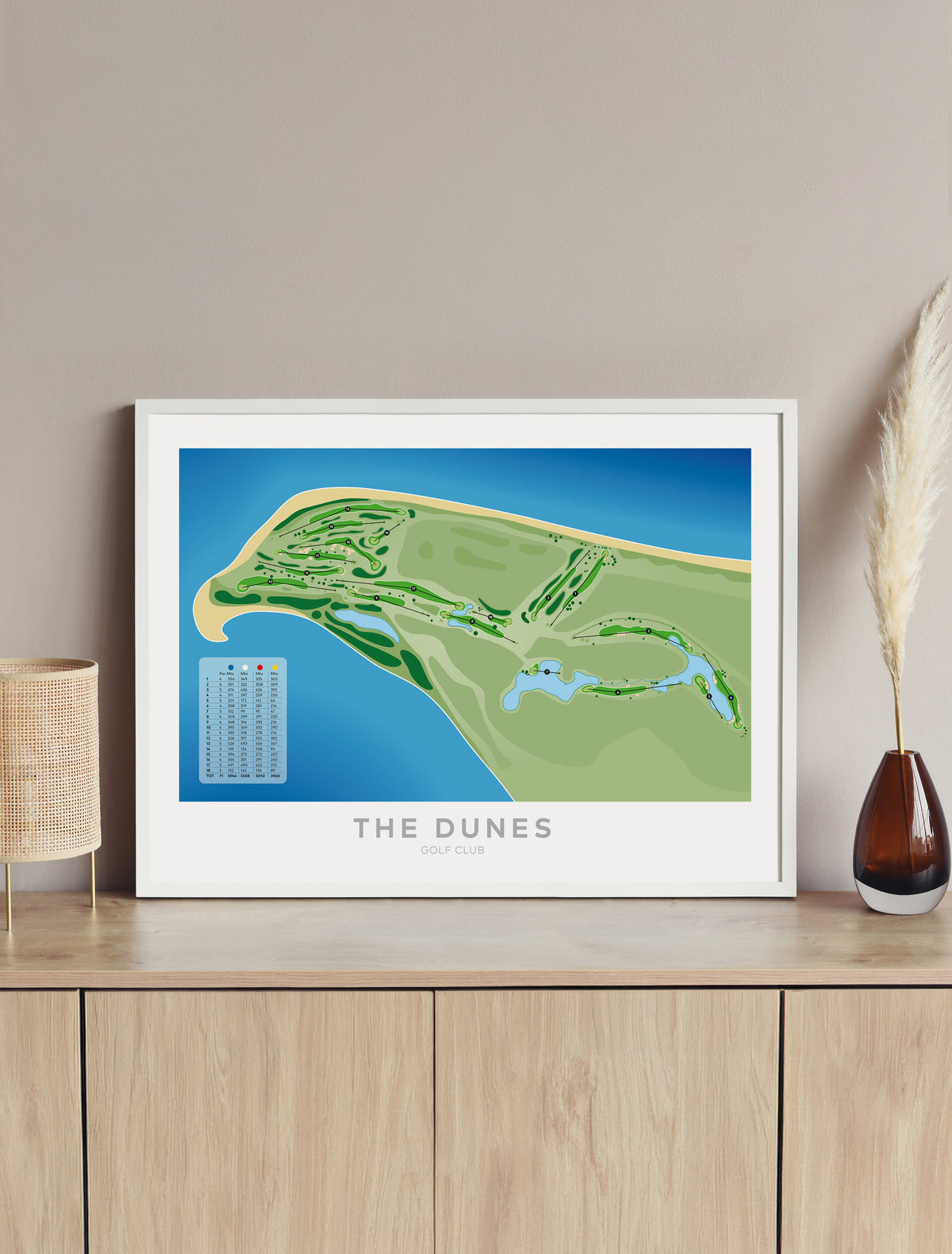 Framed Minimalist fine art map of The Dunes Golf Course, Matarangi, Coromandel, New Zealand