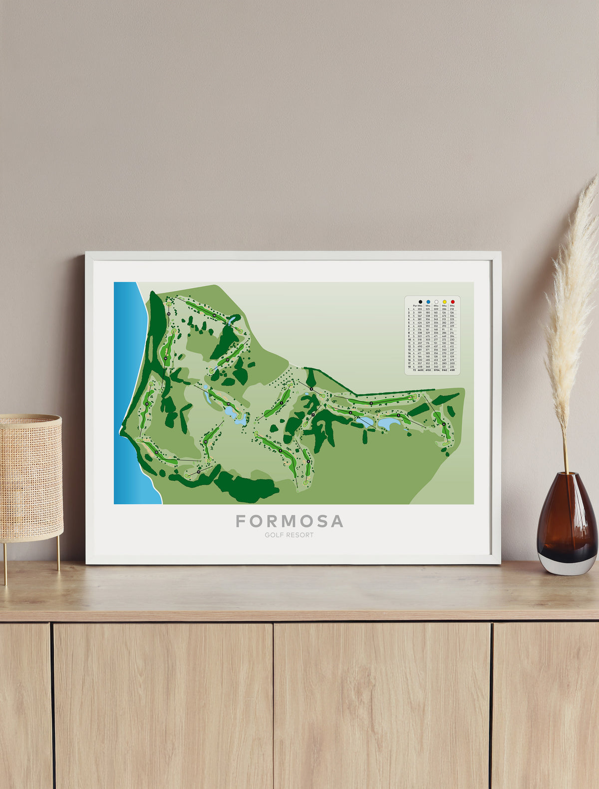 Framed minimalist fine art map of Formosa Golf Course, Auckland, New Zealand