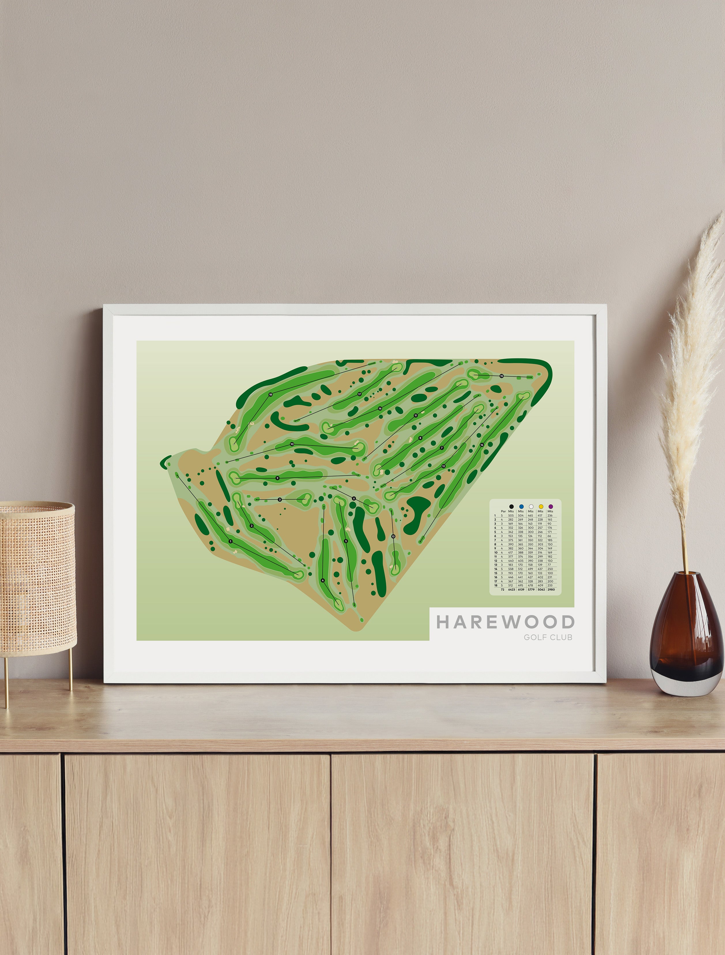 Framed minimalist fine art map of Harewood Golf Course, Christchurch, Canterbury, New Zealand