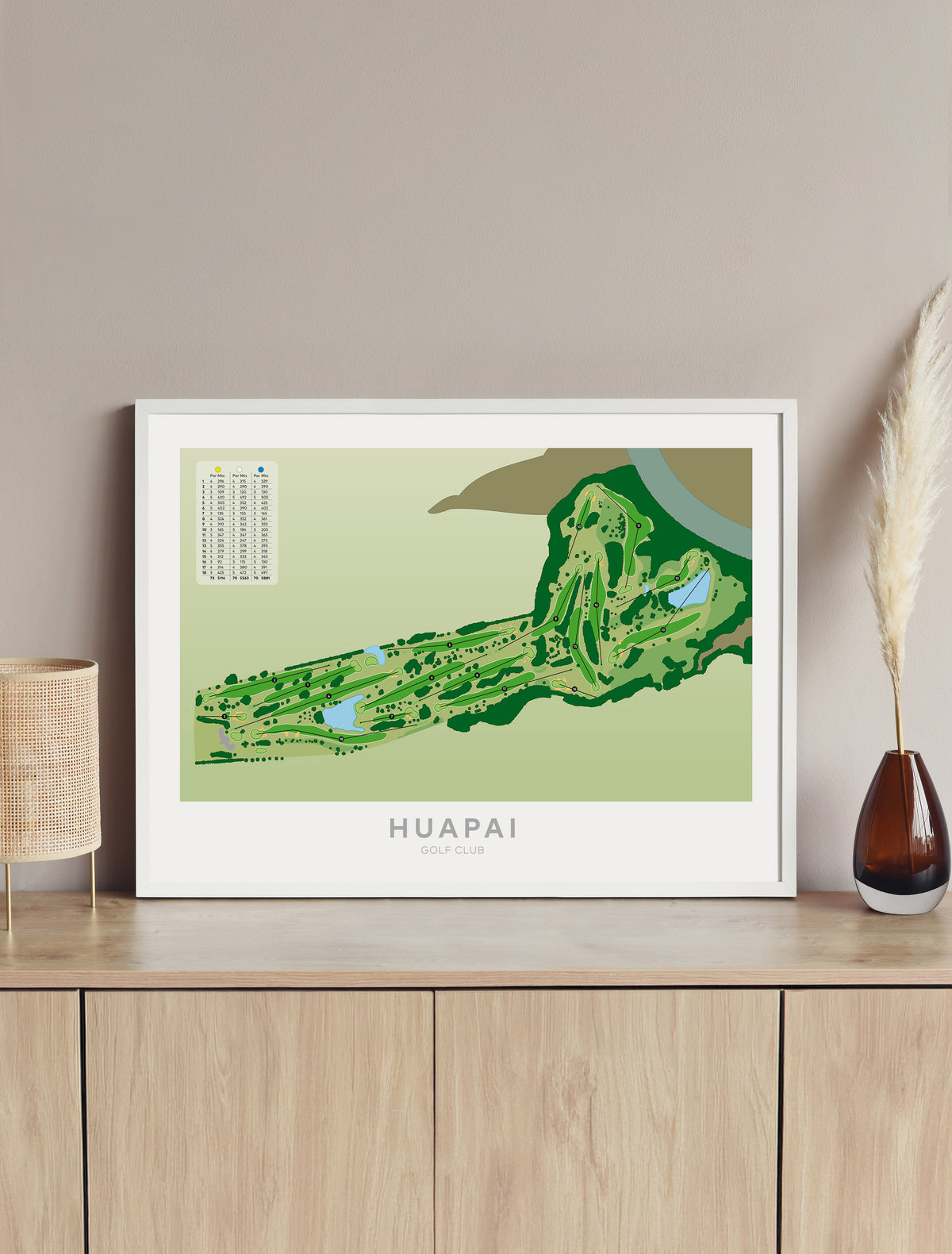 Framed minimalist fine art map of Huapai Golf Course, West Auckland, New Zealand