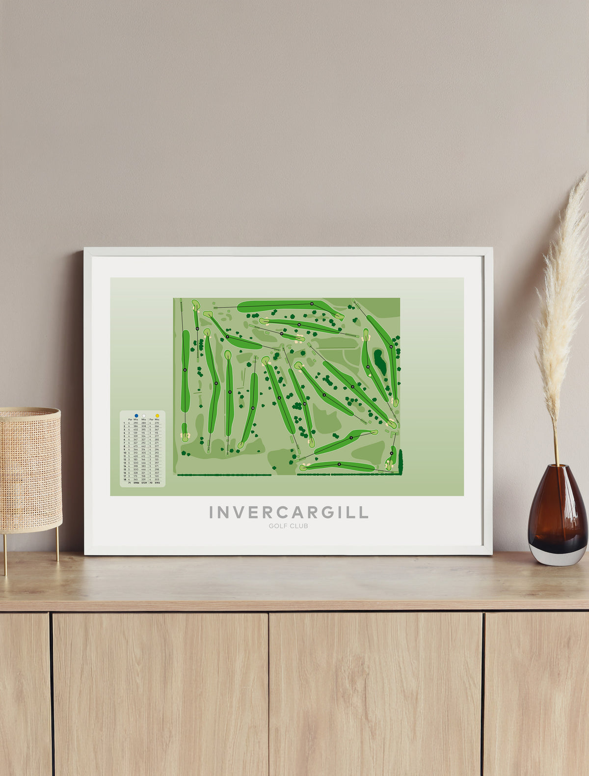 Framed minimalist fine art map of Invercargill Golf Course, Southland, New Zealand