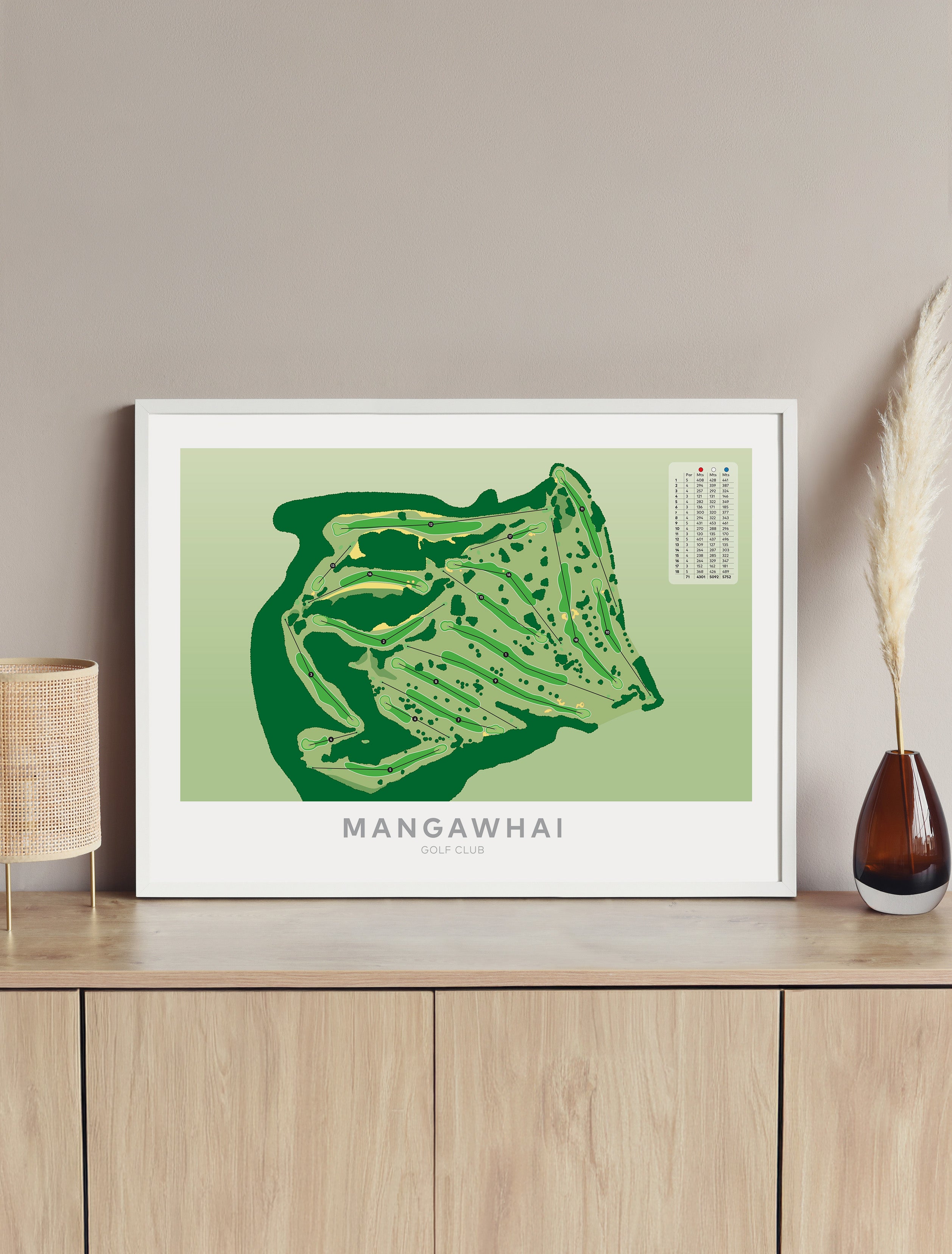 Framed Minimalist fine art map of Mangawhai Golf Course, Northland, New Zealand