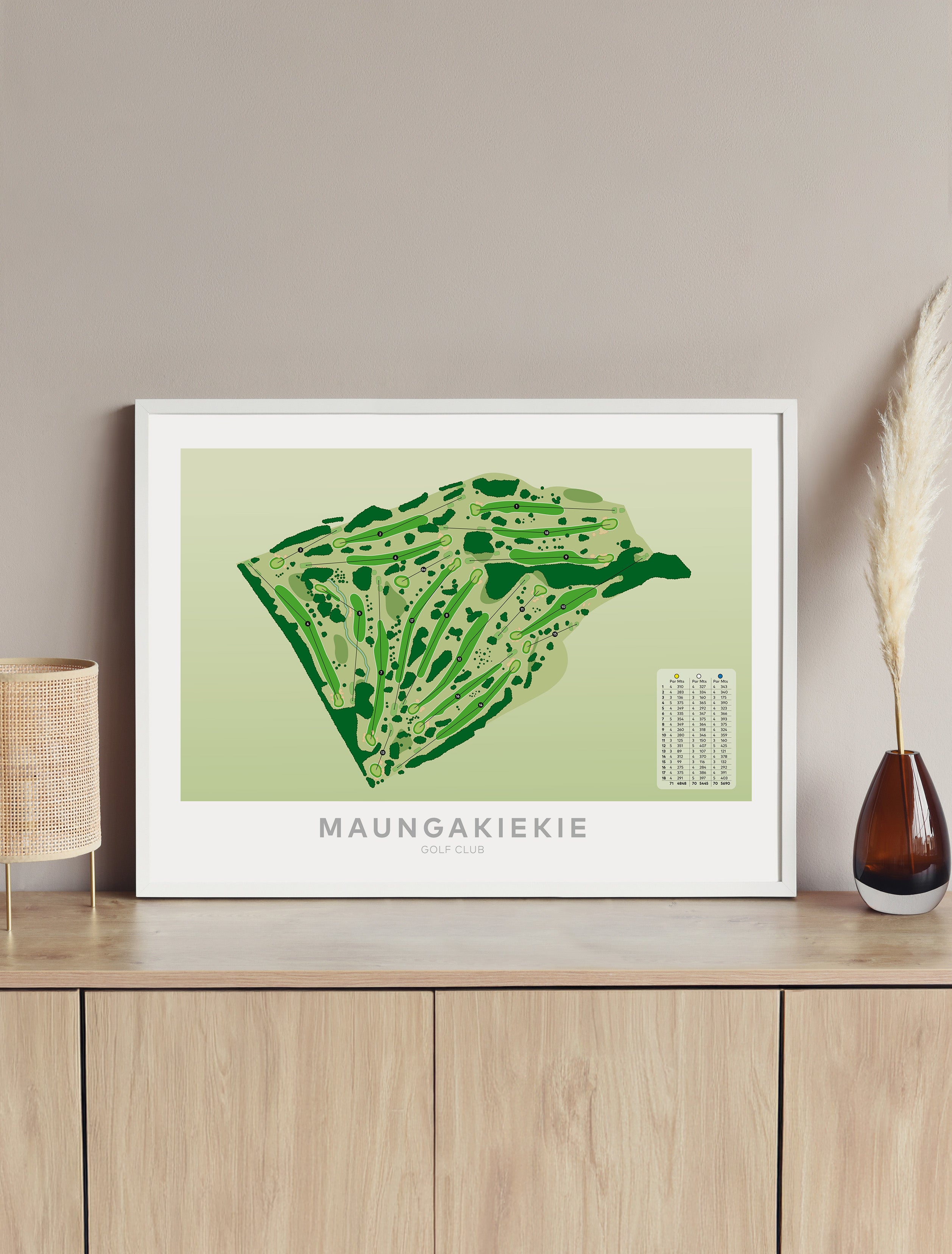 Framed artwork Maungakiekie Golf Club Map Print Auckland New Zealand Golf Art