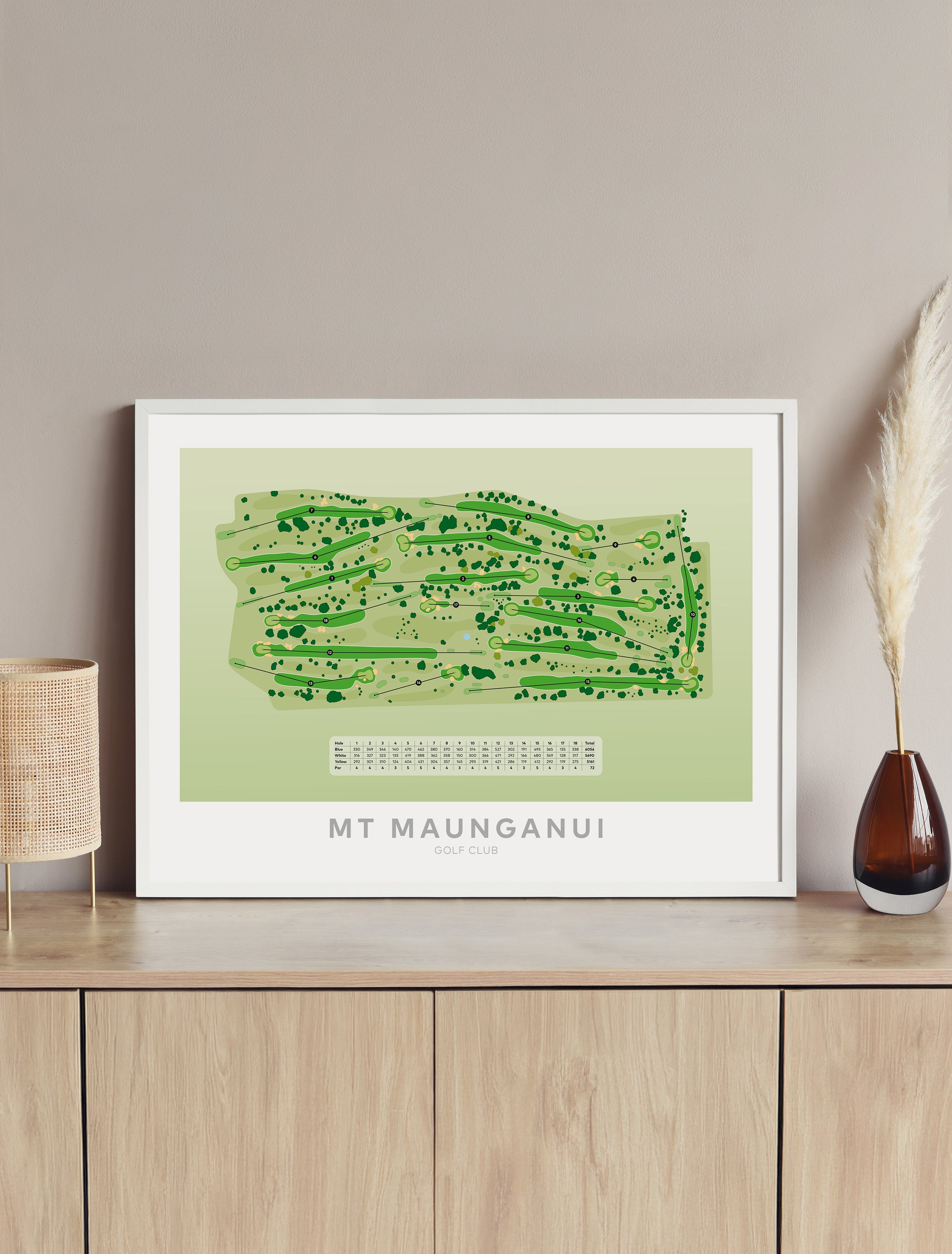 Framed minimalist fine art map of Mount Maunganui Golf Course, Bay of Plenty, BOP, New Zealand