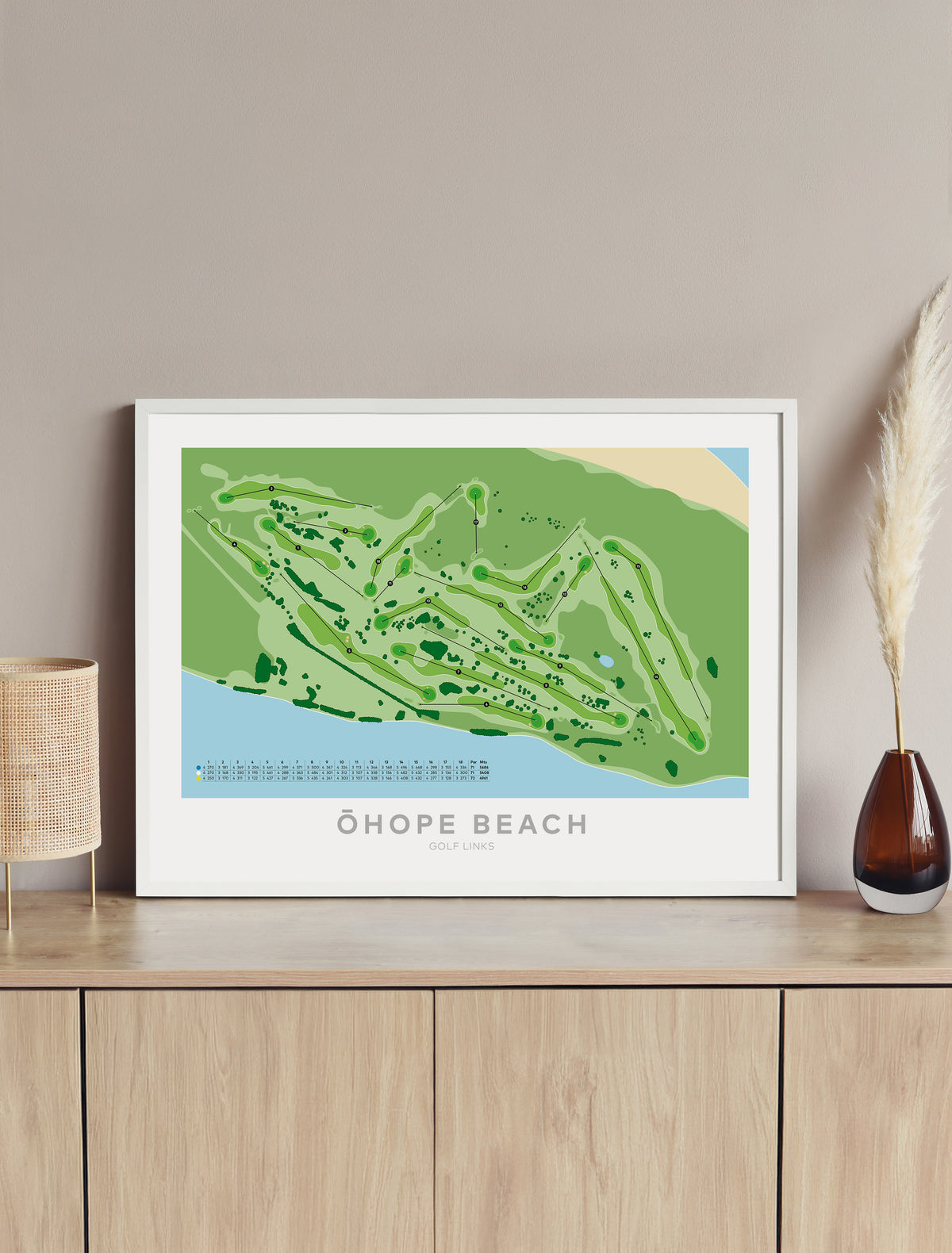 Framed Minimalist fine art map of Ohope Beach Golf Course, Bay of Plenty, New Zealand