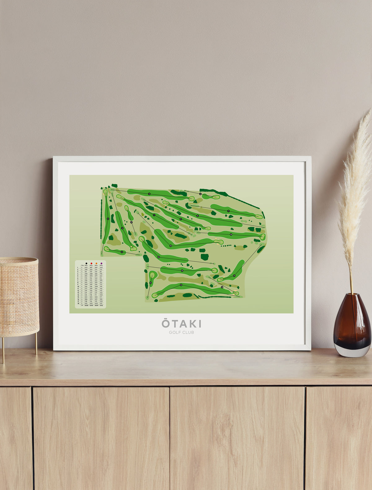 Framed Minimalist fine art map of Otaki Golf Course, Kapiti, New Zealand