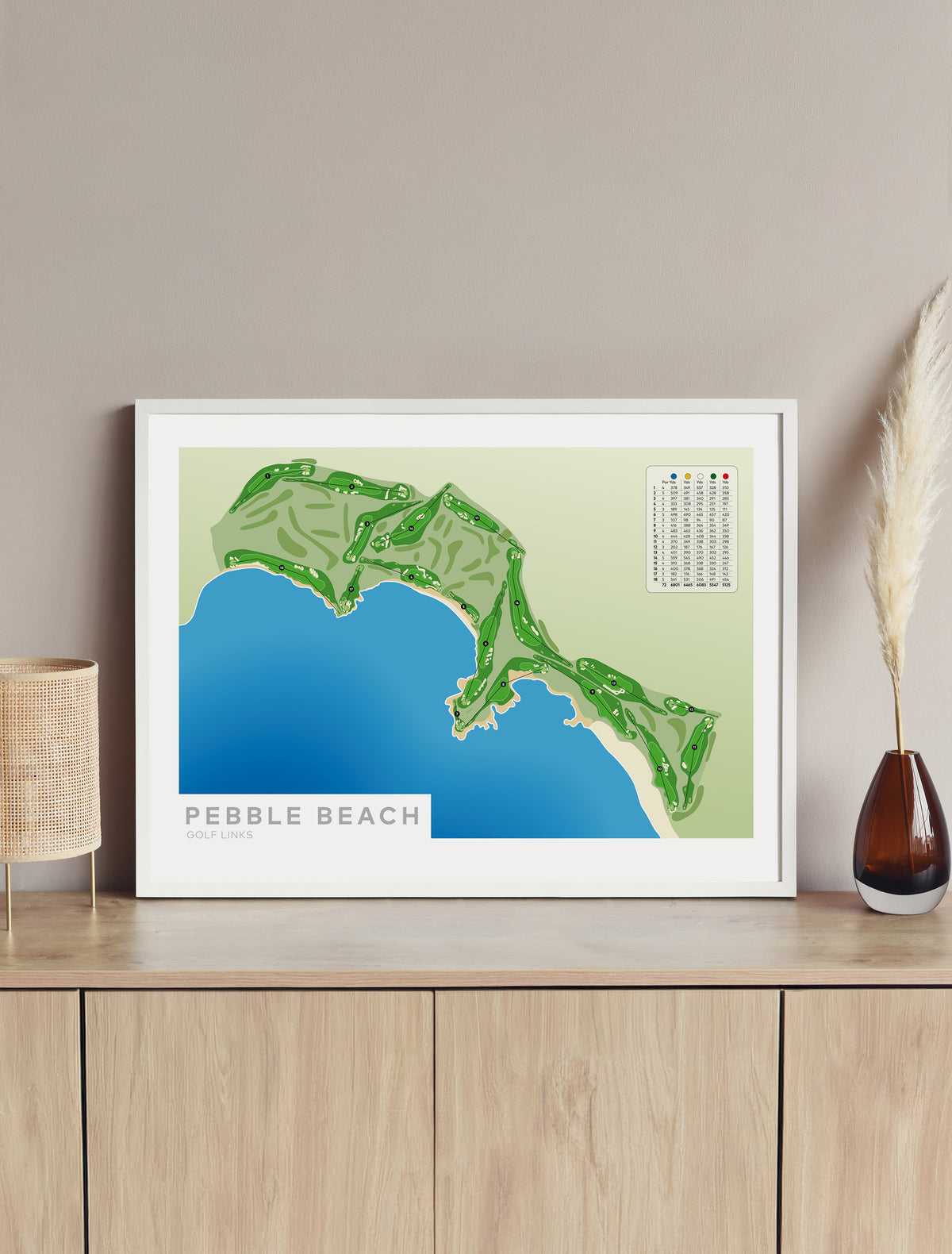 Framed Minimalist fine art map of Pebble Beach Golf Course, California, USA
