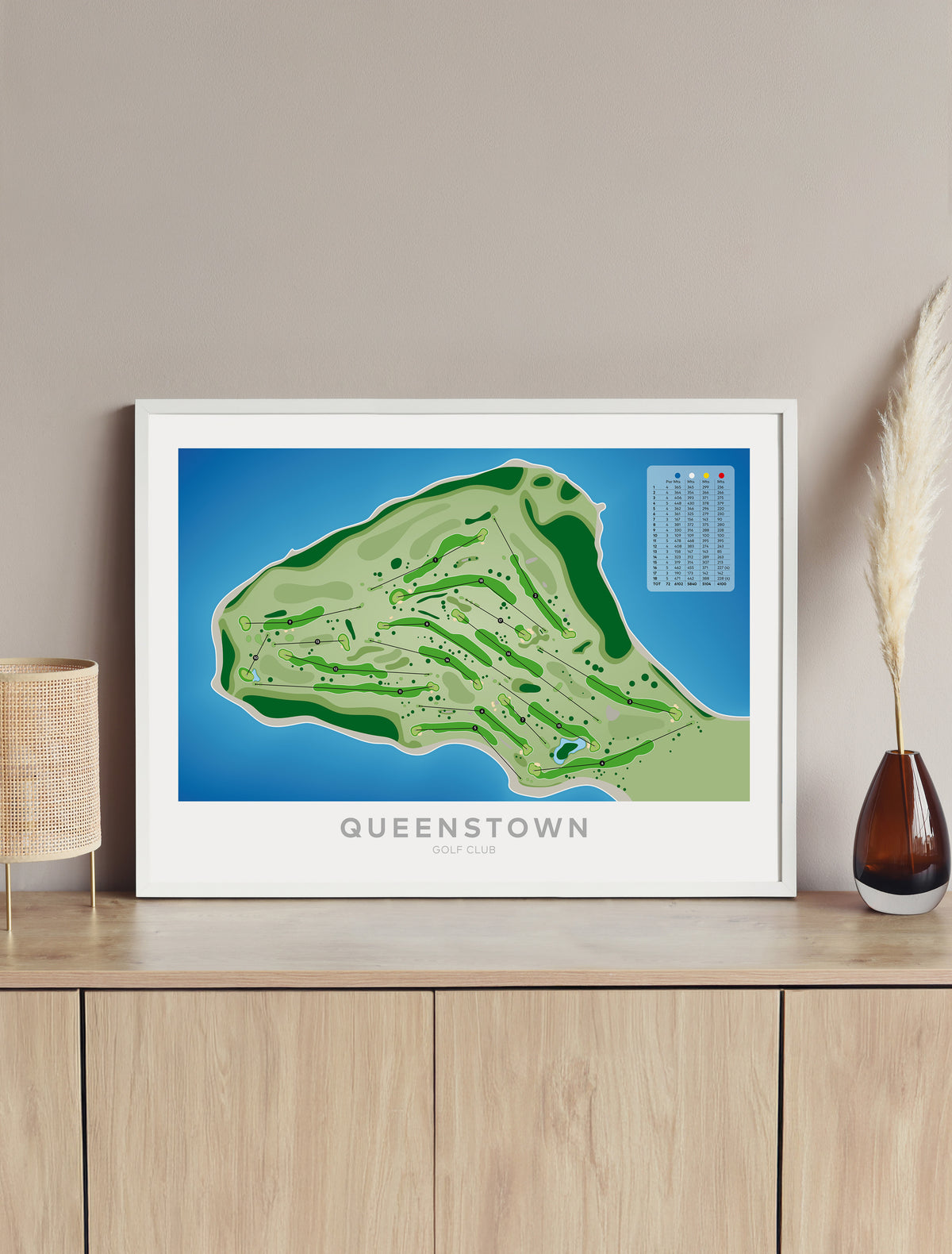 Framed Minimalist fine art map of Queenstown Golf Course, Otago, New Zealand