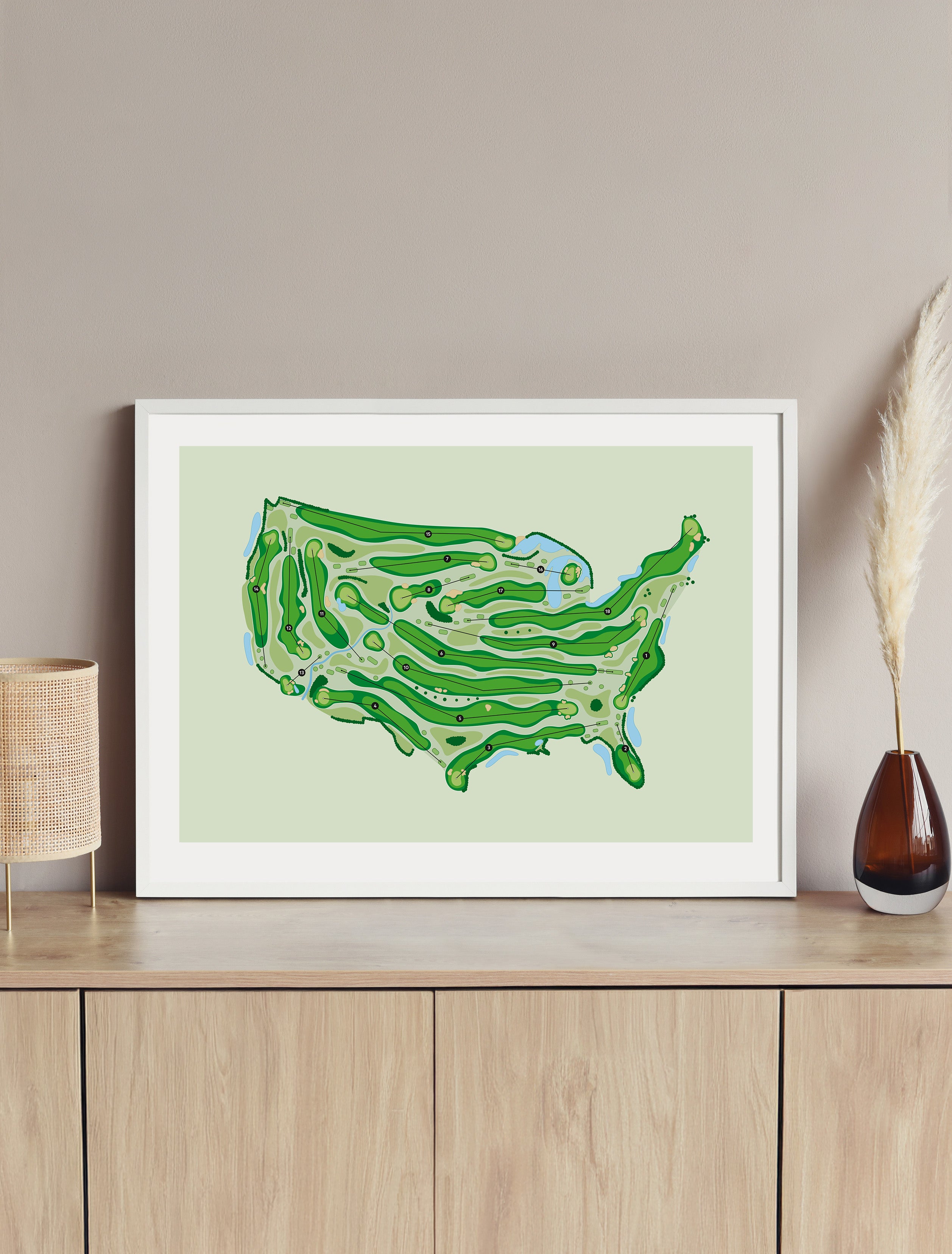 Framed Minimalist fine art map of USA shaped Golf Course, A hand-drawn golf map in the outline of the USA