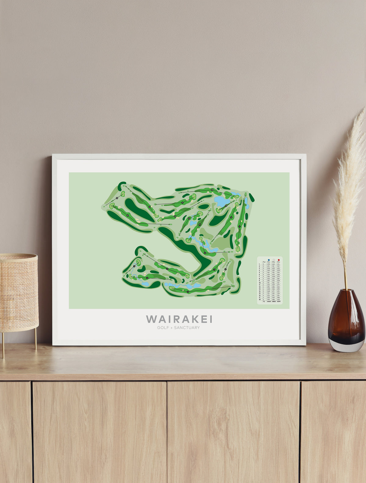 Framed Minimalist fine art map of Wairakei Golf + Sanctuary Golf Course, Taupo, Waikato, New Zealand