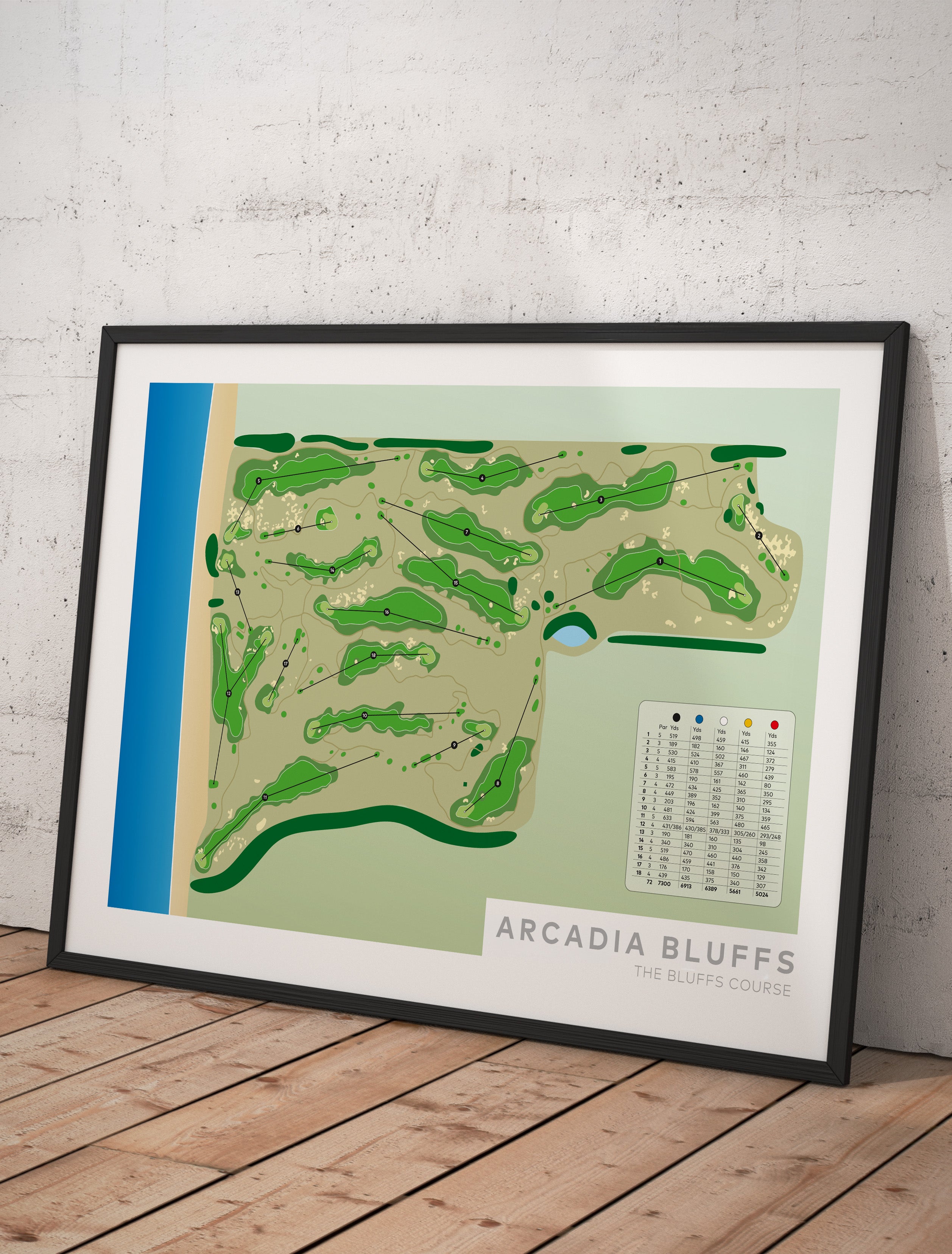 Framed minimalist fine art map of Arcadia Bluffs Golf Course, Michigan, Midwest, Manistee County, USA