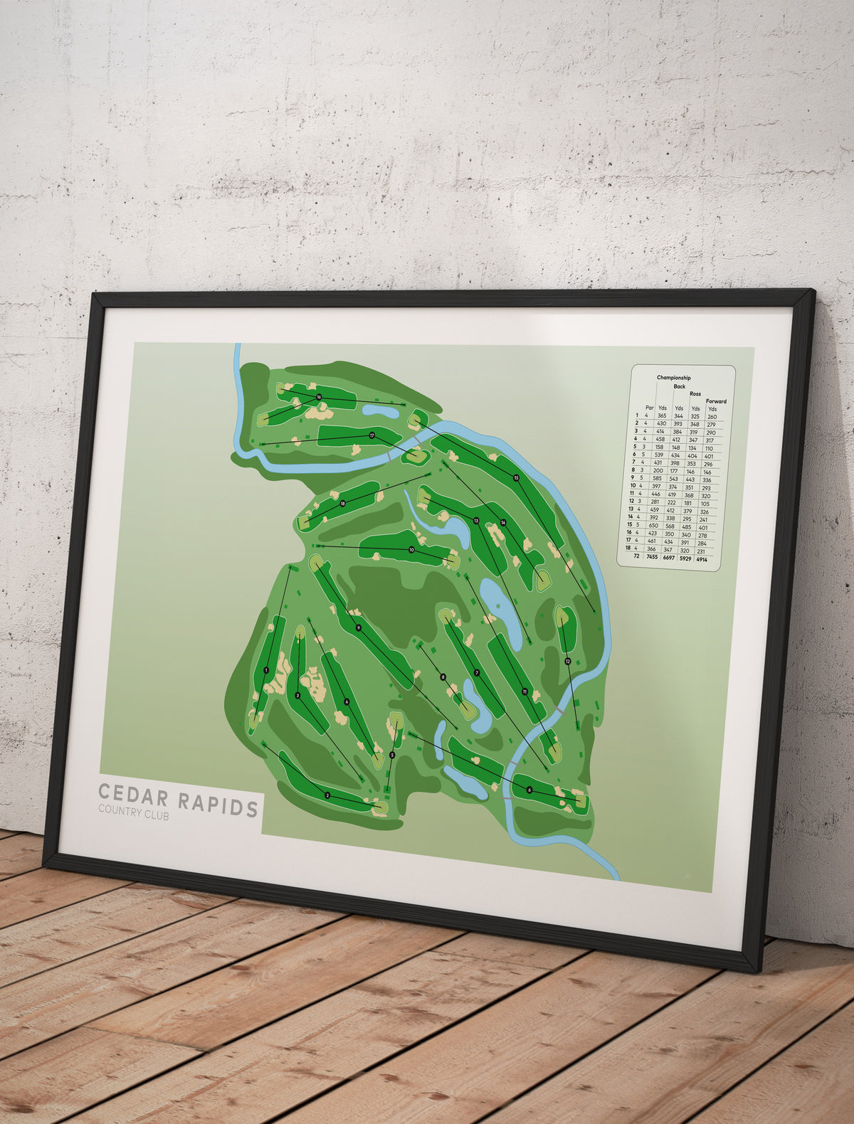 Framed minimalist fine art map of Cedar Rapids Golf Course, Linn County, Iowa, Midwest, USA