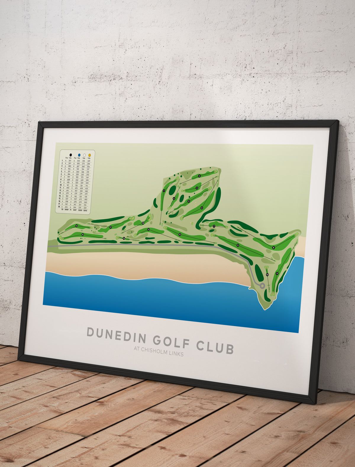 Framed Minimalist fine art map of Dunedin - Chisholm Links Golf Course, Otago, New Zealand