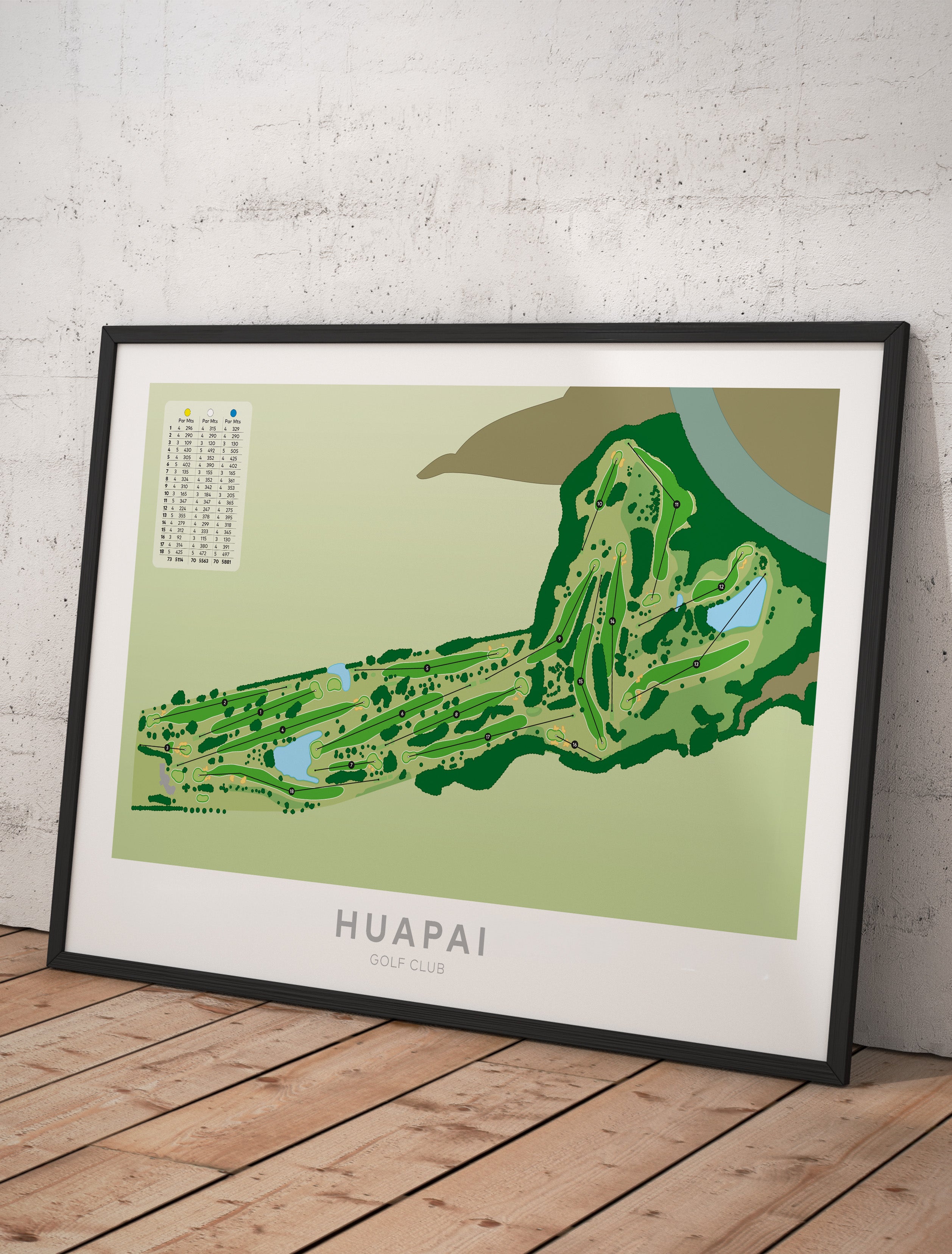 Framed minimalist fine art map of Huapai Golf Course, West Auckland, New Zealand