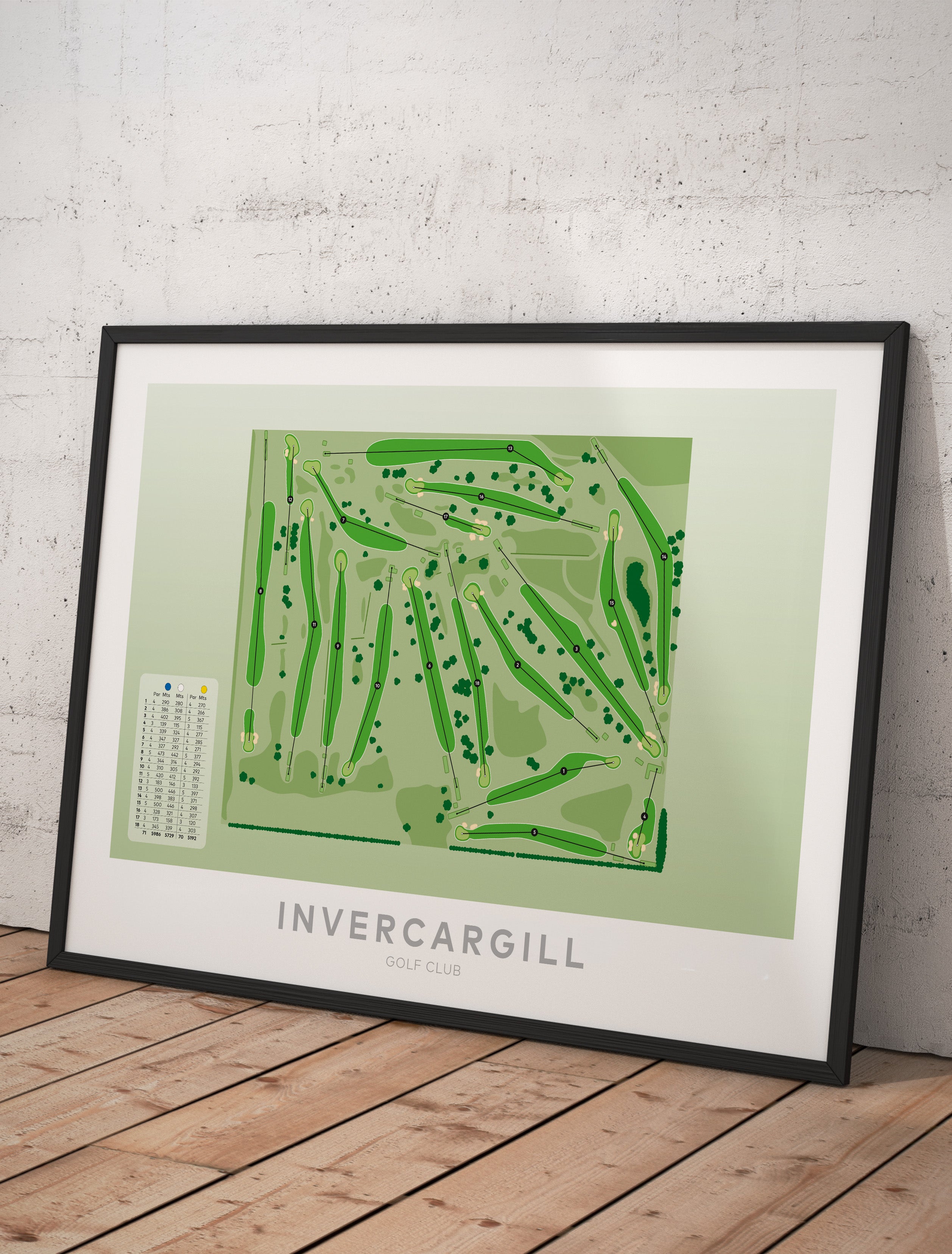 Framed minimalist fine art map of Invercargill Golf Course, Southland, New Zealand