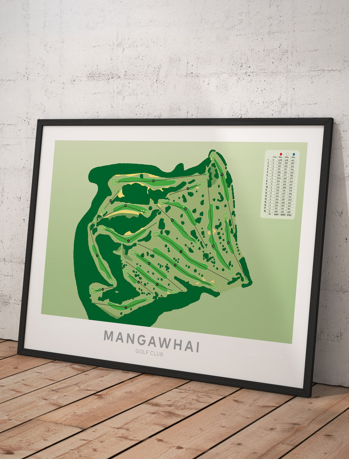 Framed Minimalist fine art map of Mangawhai Golf Course, Northland, New Zealand