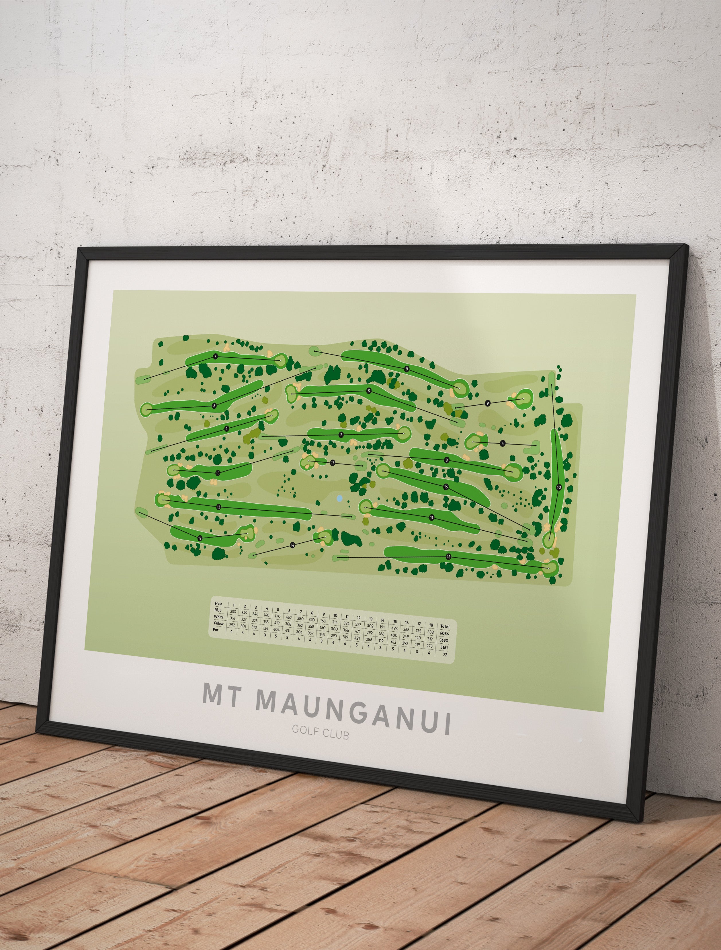 Framed minimalist fine art map of Mount Maunganui Golf Course, Bay of Plenty, BOP, New Zealand