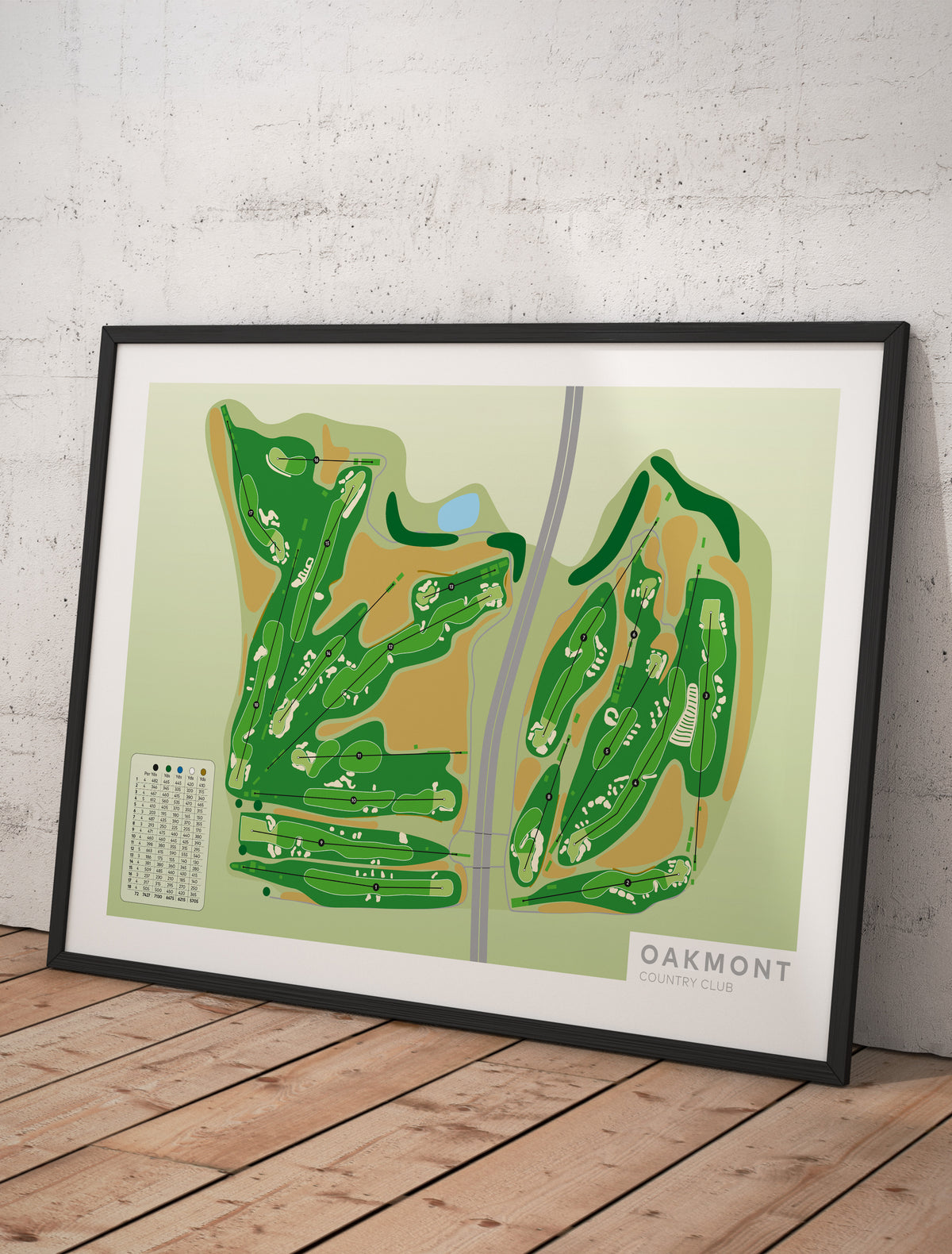 Oakmont-Golf-course-Framed-print-artwork Black frame on wooden floorboards, leaning against the wall.