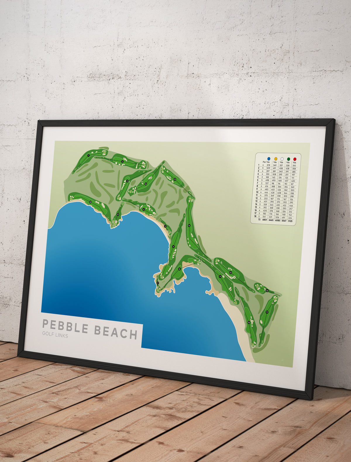 Framed Minimalist fine art map of Pebble Beach Golf Course, California, USA