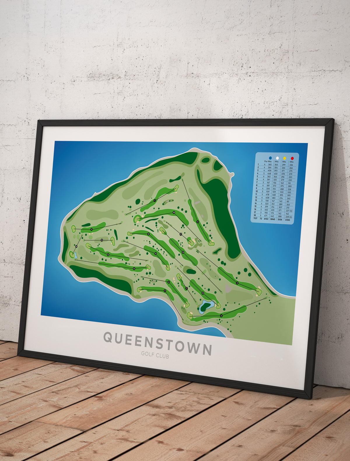 Framed Minimalist fine art map of Queenstown Golf Course, Otago, New Zealand