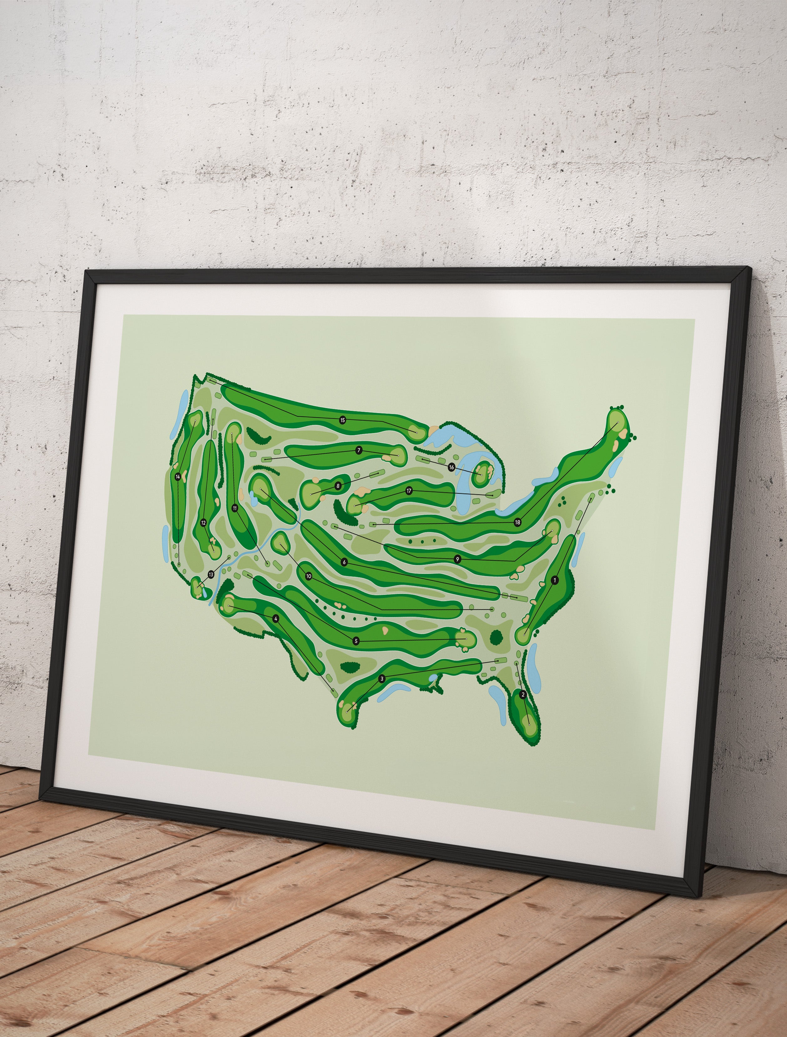 Framed Minimalist fine art map of USA shaped Golf Course, A hand-drawn golf map in the outline of the USA