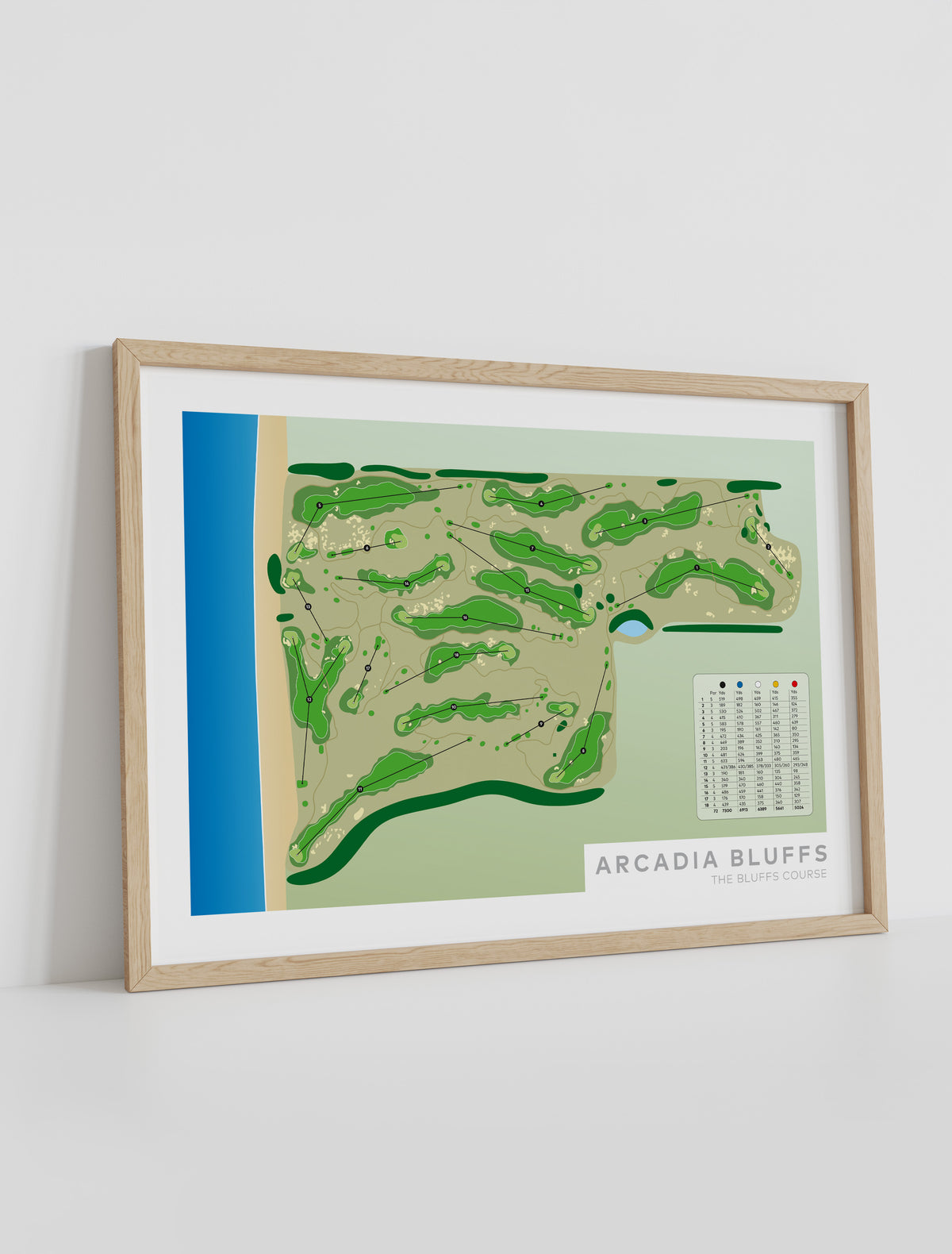 Framed minimalist fine art map of Arcadia Bluffs Golf Course, Michigan, Midwest, Manistee County, USA