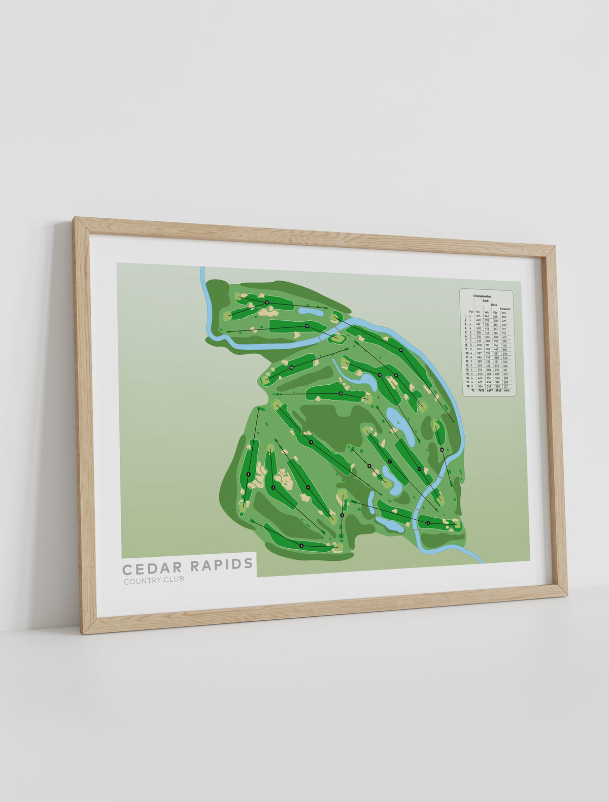 Framed minimalist fine art map of Cedar Rapids Golf Course, Linn County, Iowa, Midwest, USA