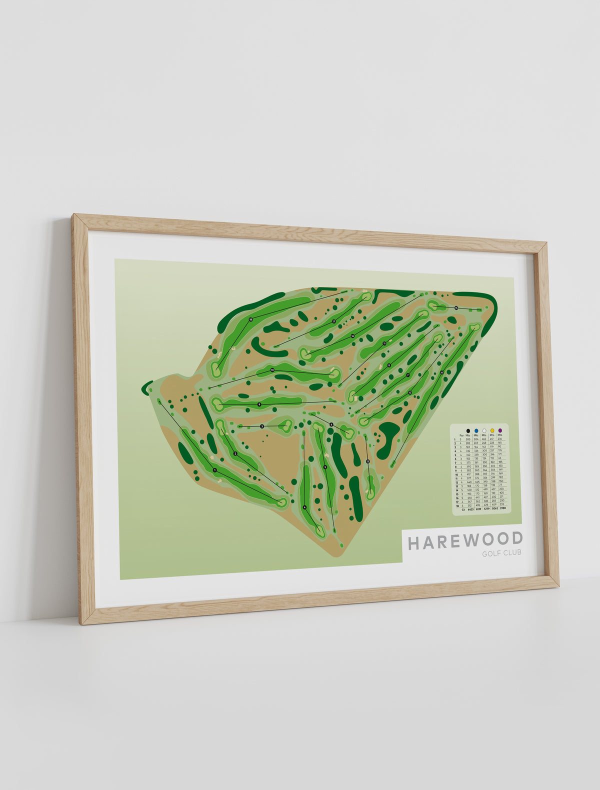 Framed minimalist fine art map of Harewood Golf Course, Christchurch, Canterbury, New Zealand