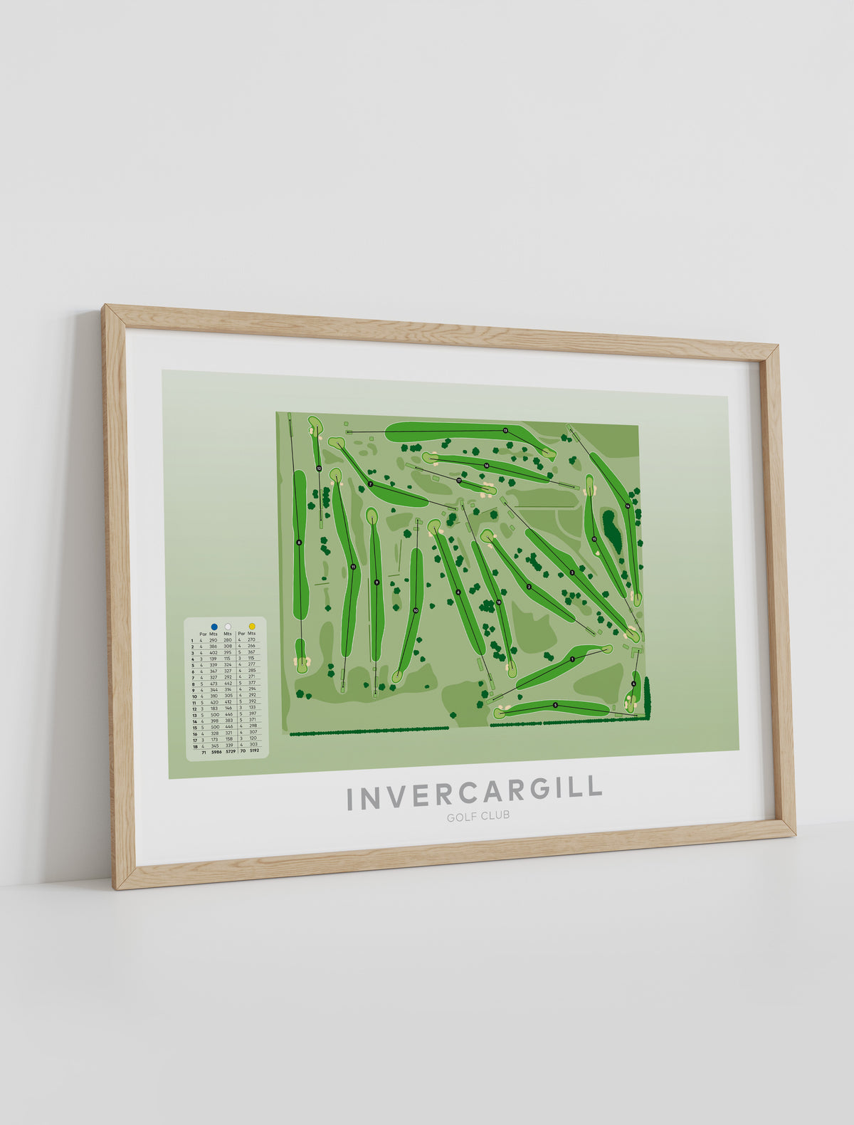Framed minimalist fine art map of Invercargill Golf Course, Southland, New Zealand