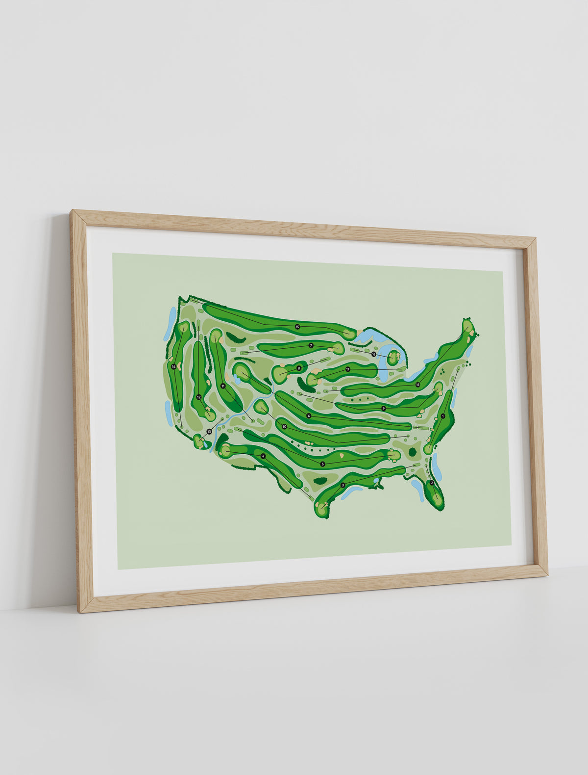 Framed Minimalist fine art map of USA shaped Golf Course, A hand-drawn golf map in the outline of the USA