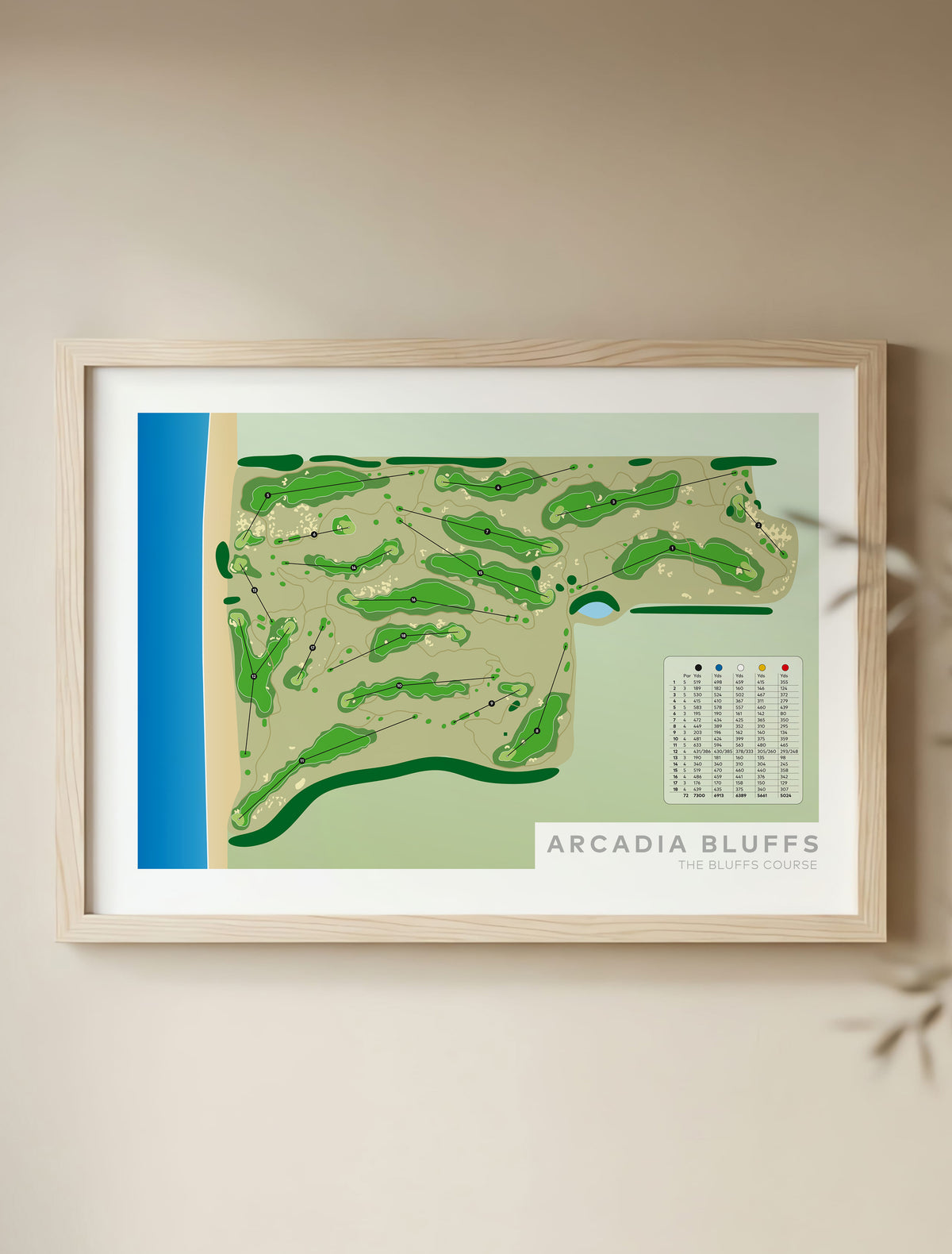 Framed minimalist fine art map of Arcadia Bluffs Golf Course, Michigan, Midwest, Manistee County, USA