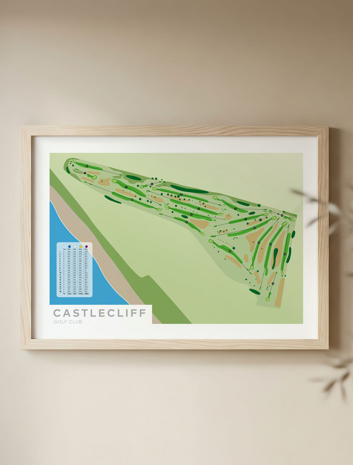 Framed minimalist fine art map of Castlecliff Golf Course, Whanganui, North Island, New Zealand