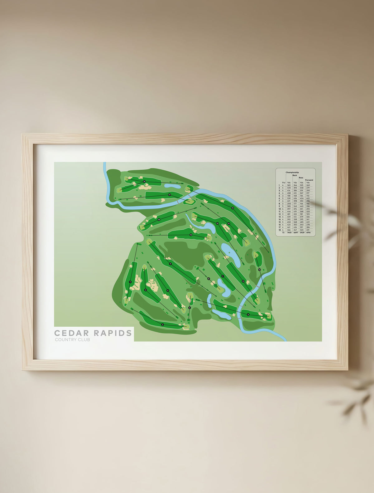 Framed minimalist fine art map of Cedar Rapids Golf Course, Linn County, Iowa, Midwest, USA