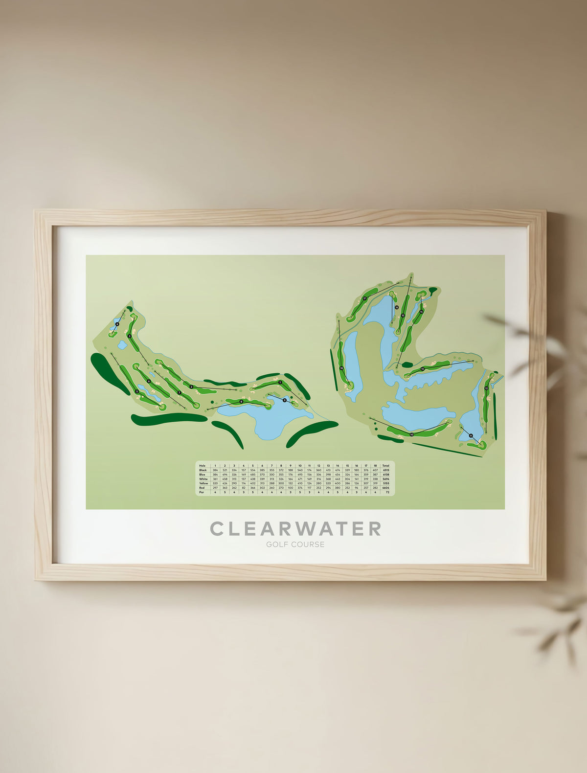 framed minimalist fine art map of Clearwater Golf Course, Christchurch, Canterbury, New Zealand