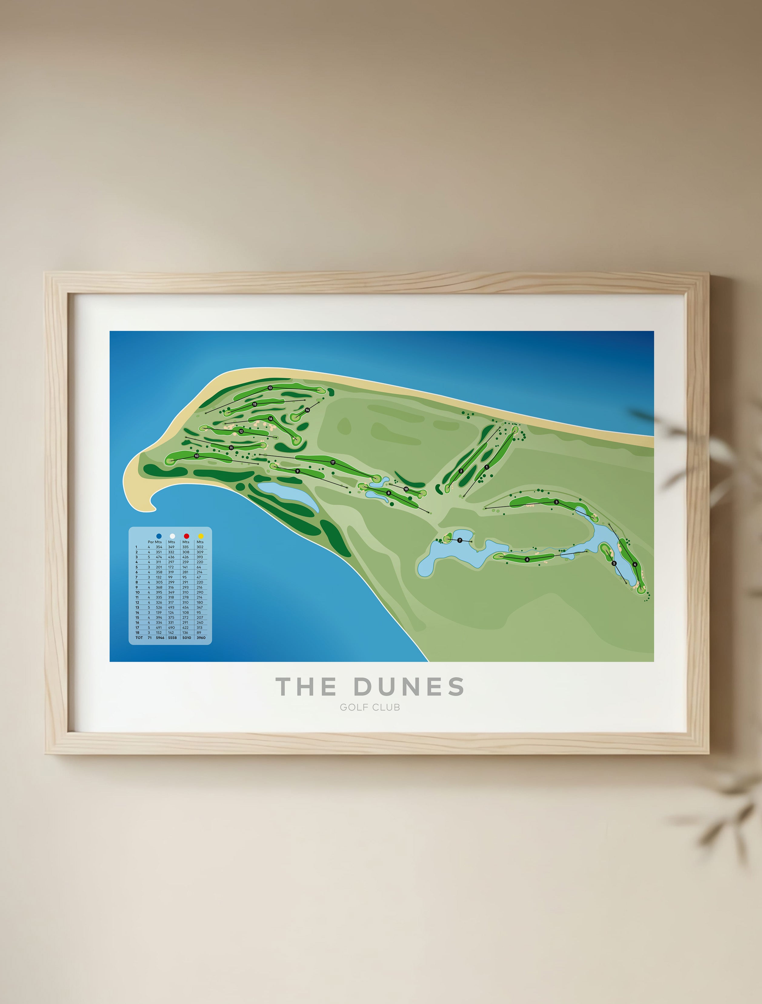 Framed Minimalist fine art map of The Dunes Golf Course, Matarangi, Coromandel, New Zealand