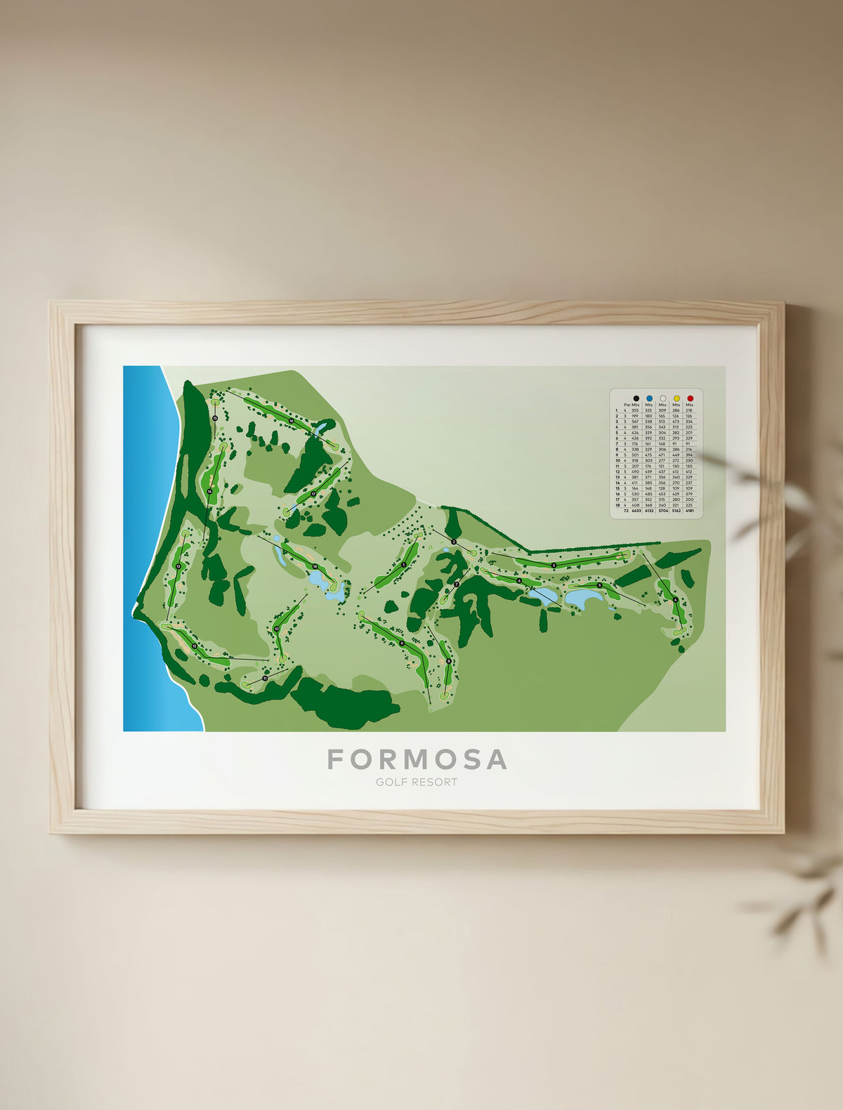 Framed minimalist fine art map of Formosa Golf Course, Auckland, New Zealand