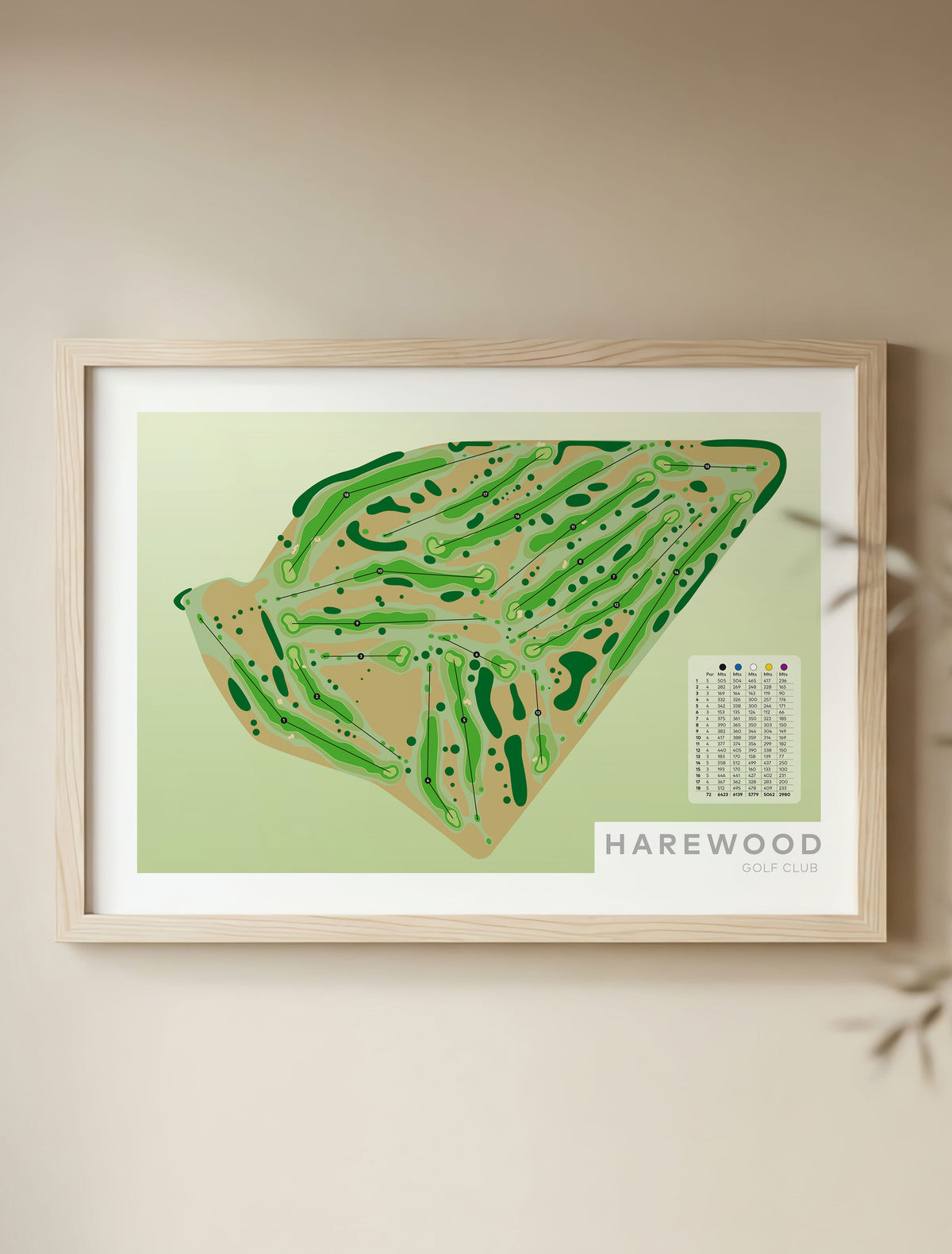Framed minimalist fine art map of Harewood Golf Course, Christchurch, Canterbury, New Zealand