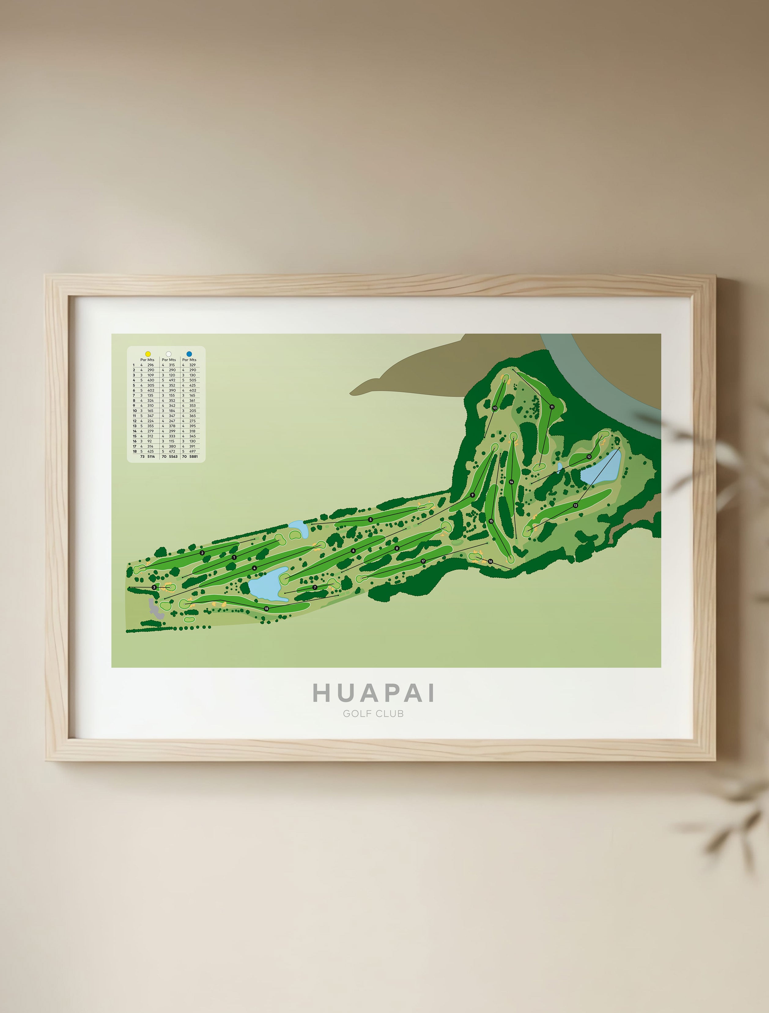 Framed minimalist fine art map of Huapai Golf Course, West Auckland, New Zealand