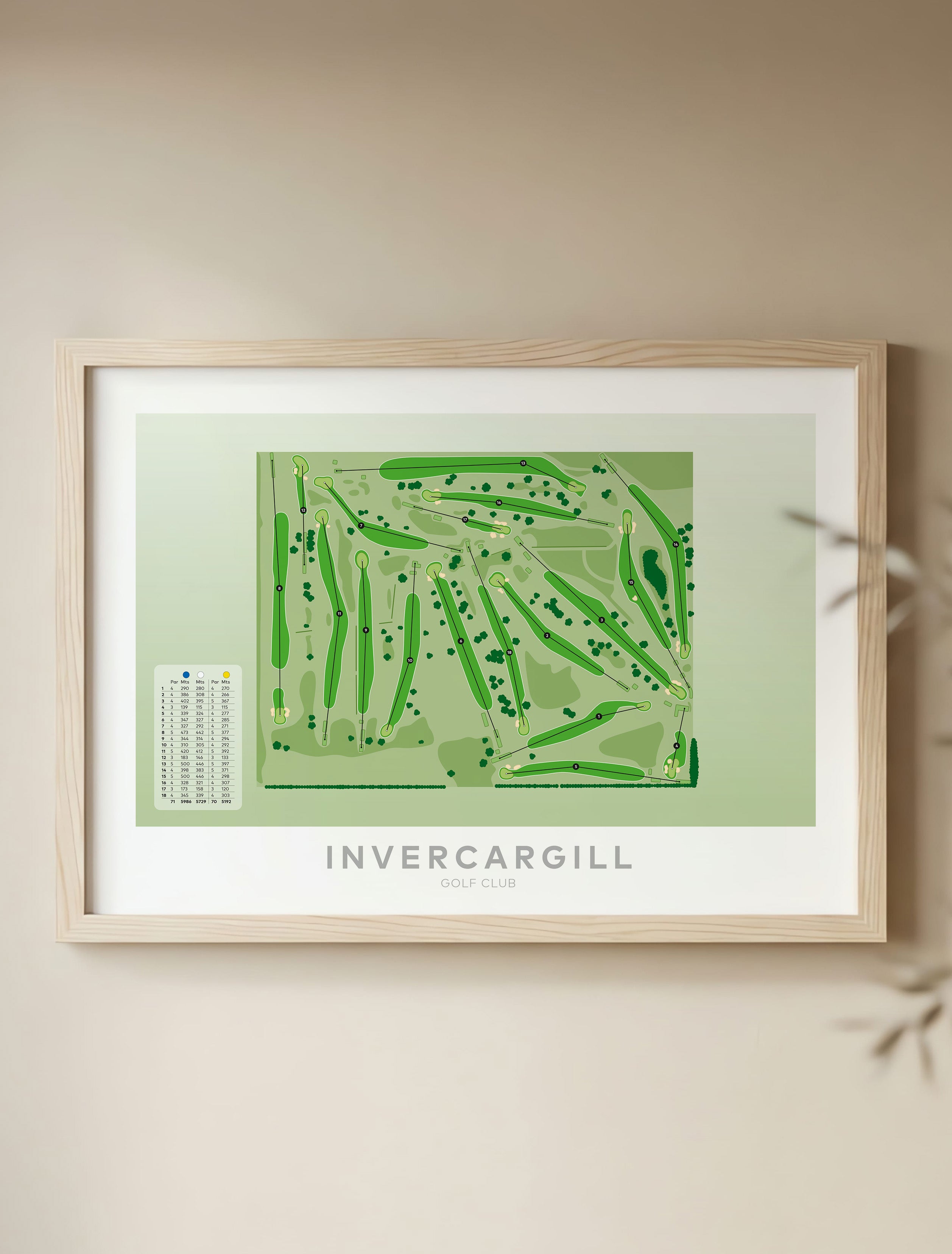 Framed minimalist fine art map of Invercargill Golf Course, Southland, New Zealand