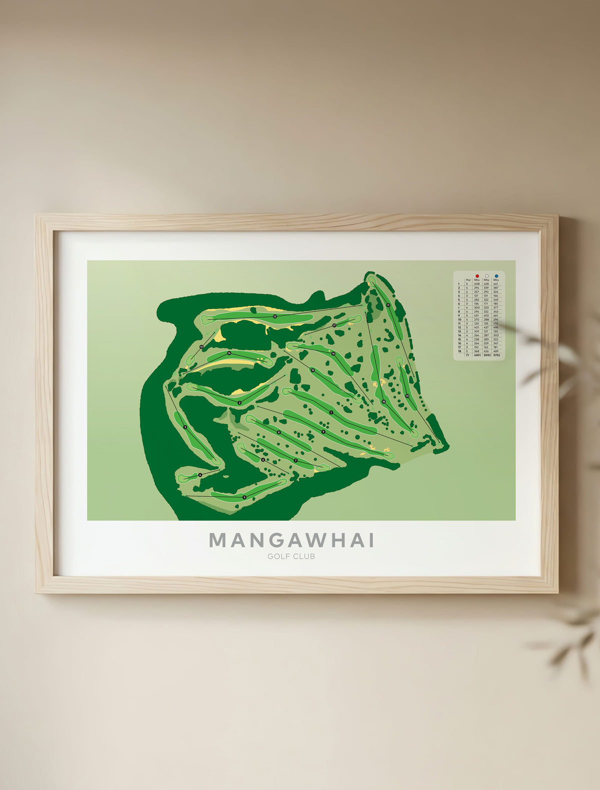 Framed Minimalist fine art map of Mangawhai Golf Course, Northland, New Zealand