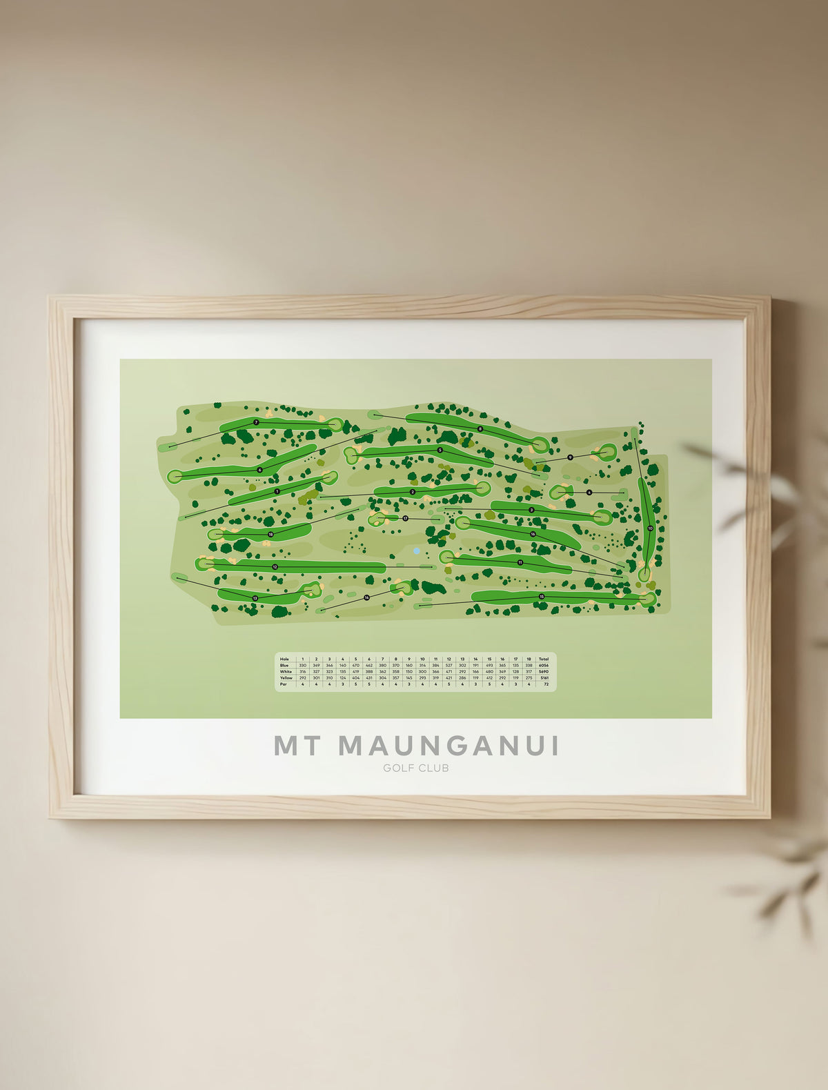 Framed minimalist fine art map of Mount Maunganui Golf Course, Bay of Plenty, BOP, New Zealand