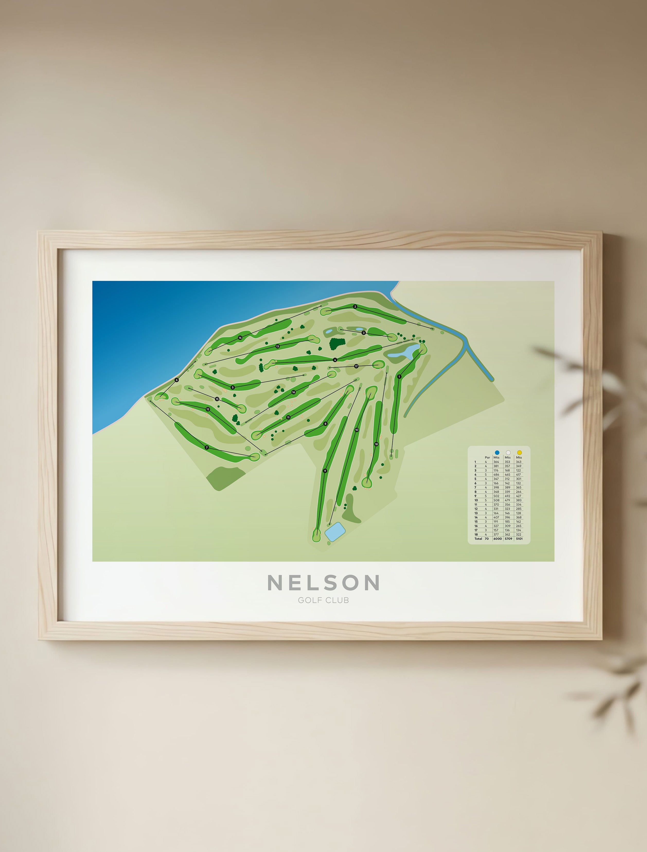 Framed Minimalist fine art map of Nelson Golf Course, Tasman Region, New Zealand
