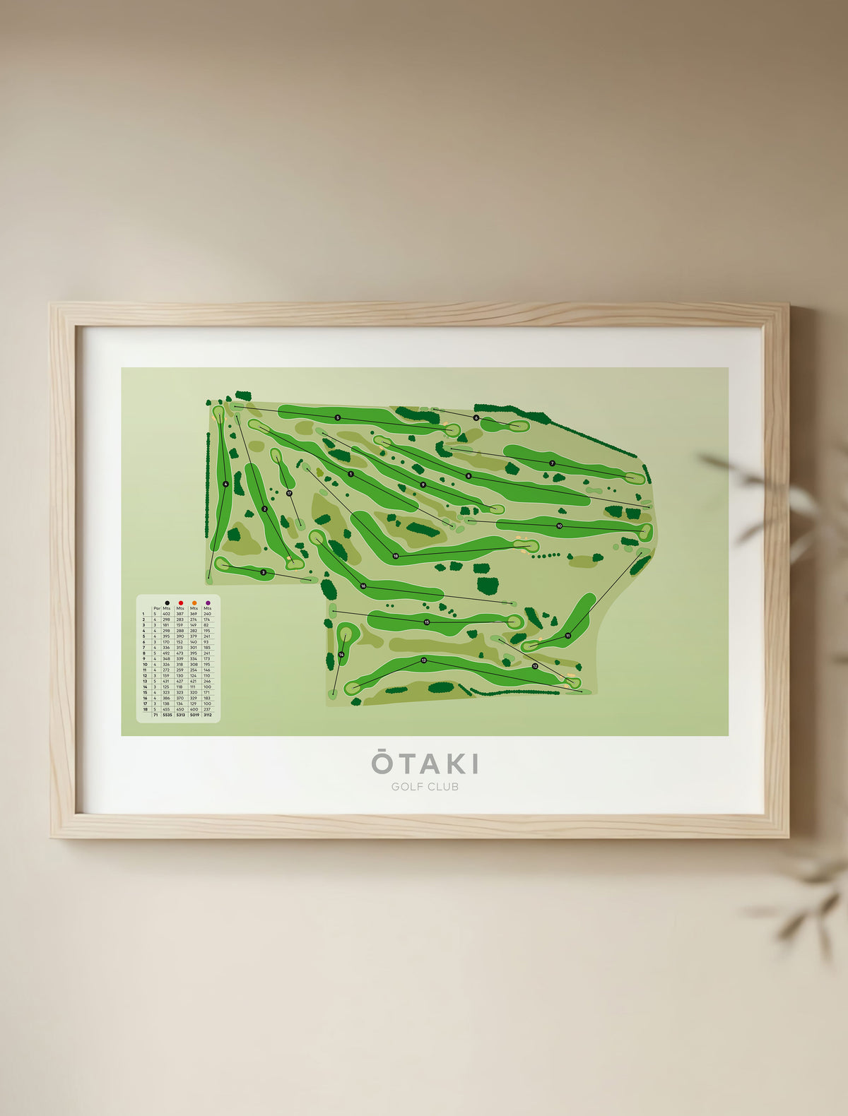 Framed Minimalist fine art map of Otaki Golf Course, Kapiti, New Zealand