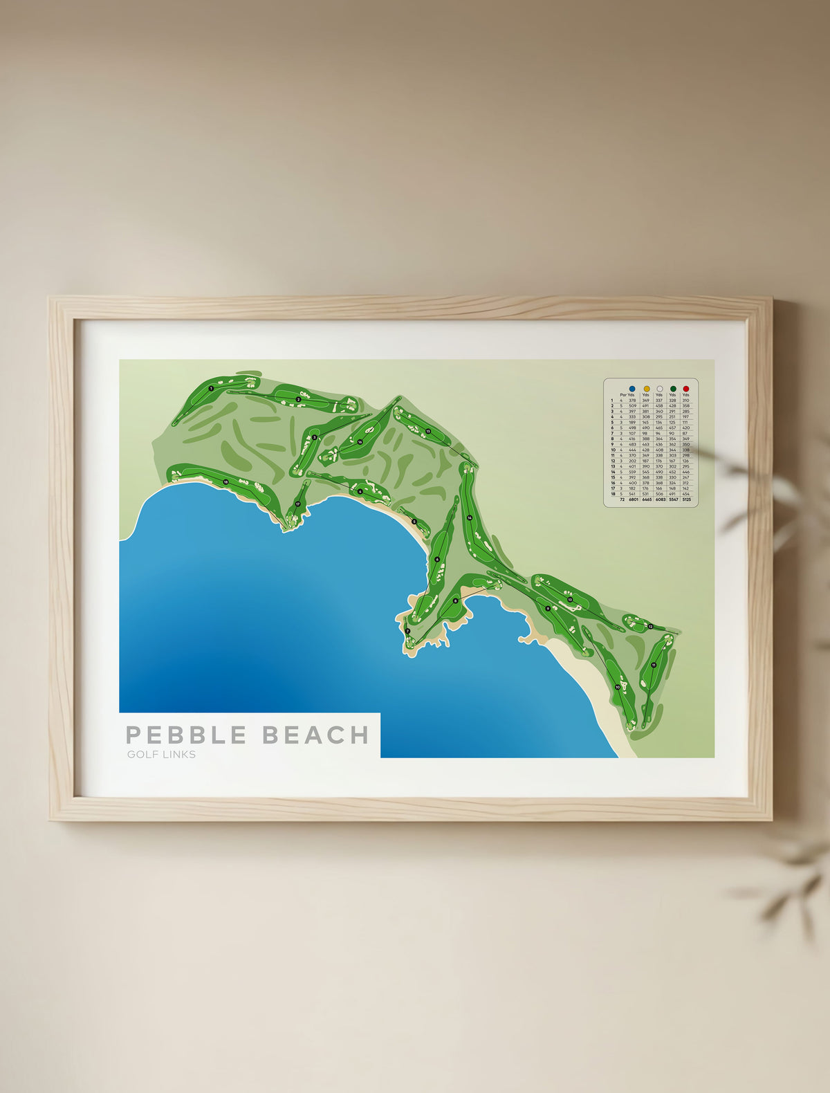 Framed Minimalist fine art map of Pebble Beach Golf Course, California, USA